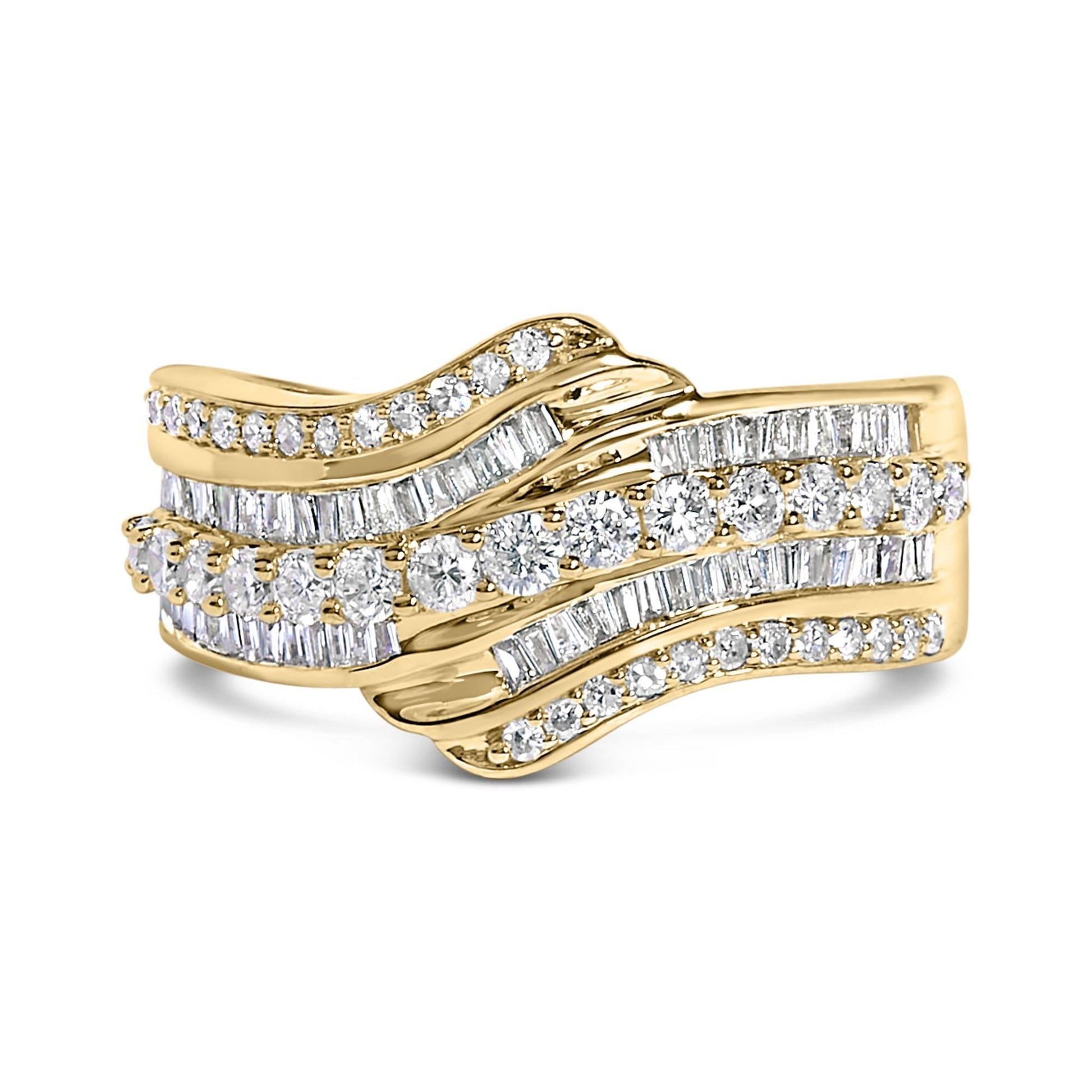10K Yellow Gold 1.0 Cttw Baguette and Round Diamond Multi-Row Wave Bypass Ring (I-J Color, I1-I2 Clarity)-0