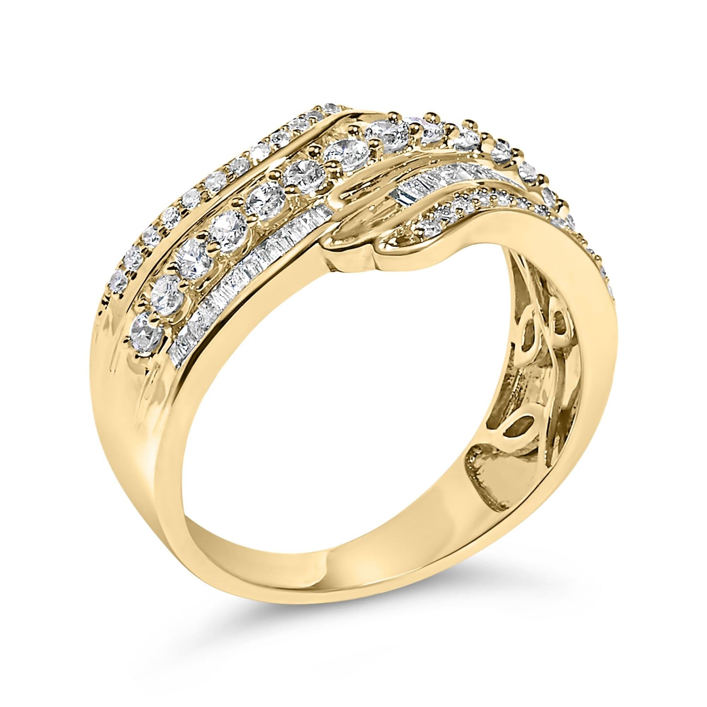 10K Yellow Gold 1.0 Cttw Baguette and Round Diamond Multi-Row Wave Bypass Ring (I-J Color, I1-I2 Clarity)-3