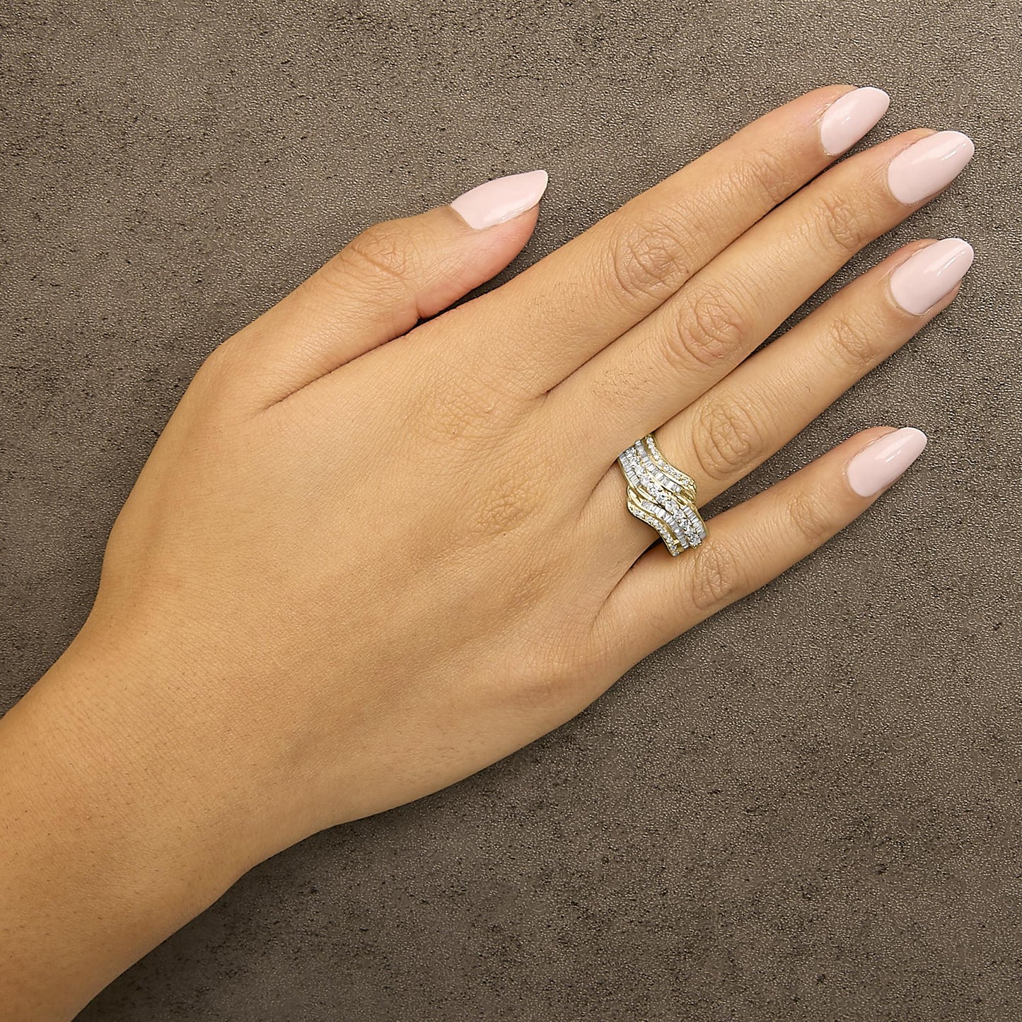 10K Yellow Gold 1.0 Cttw Baguette and Round Diamond Multi-Row Wave Bypass Ring (I-J Color, I1-I2 Clarity)-2