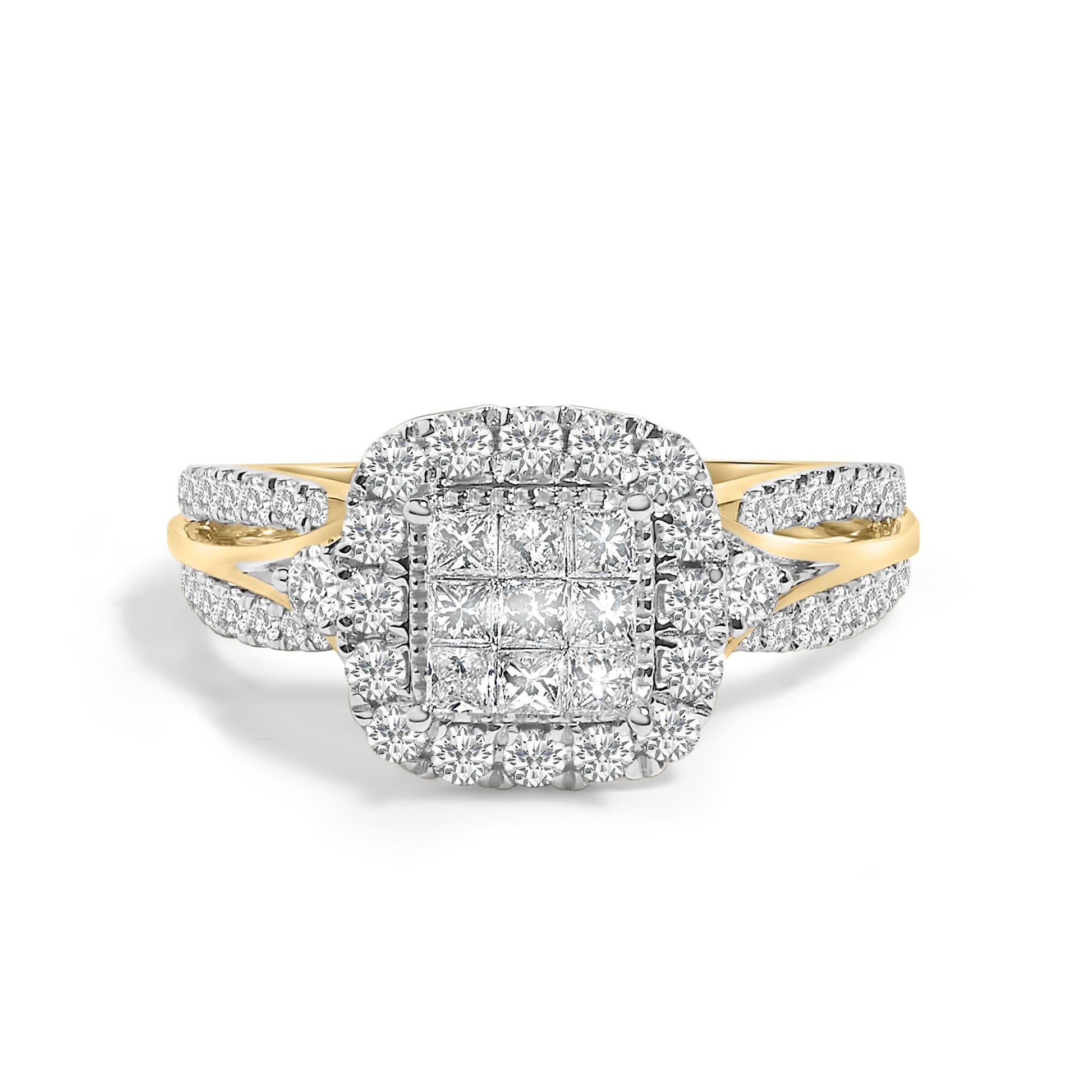 10K Yellow Gold 1.0 Cttw Diamond Composite Cushion-Shape Halo 3-Band-Look Engagement Ring (H-I Color, SI1-SI2 Clarity)-0