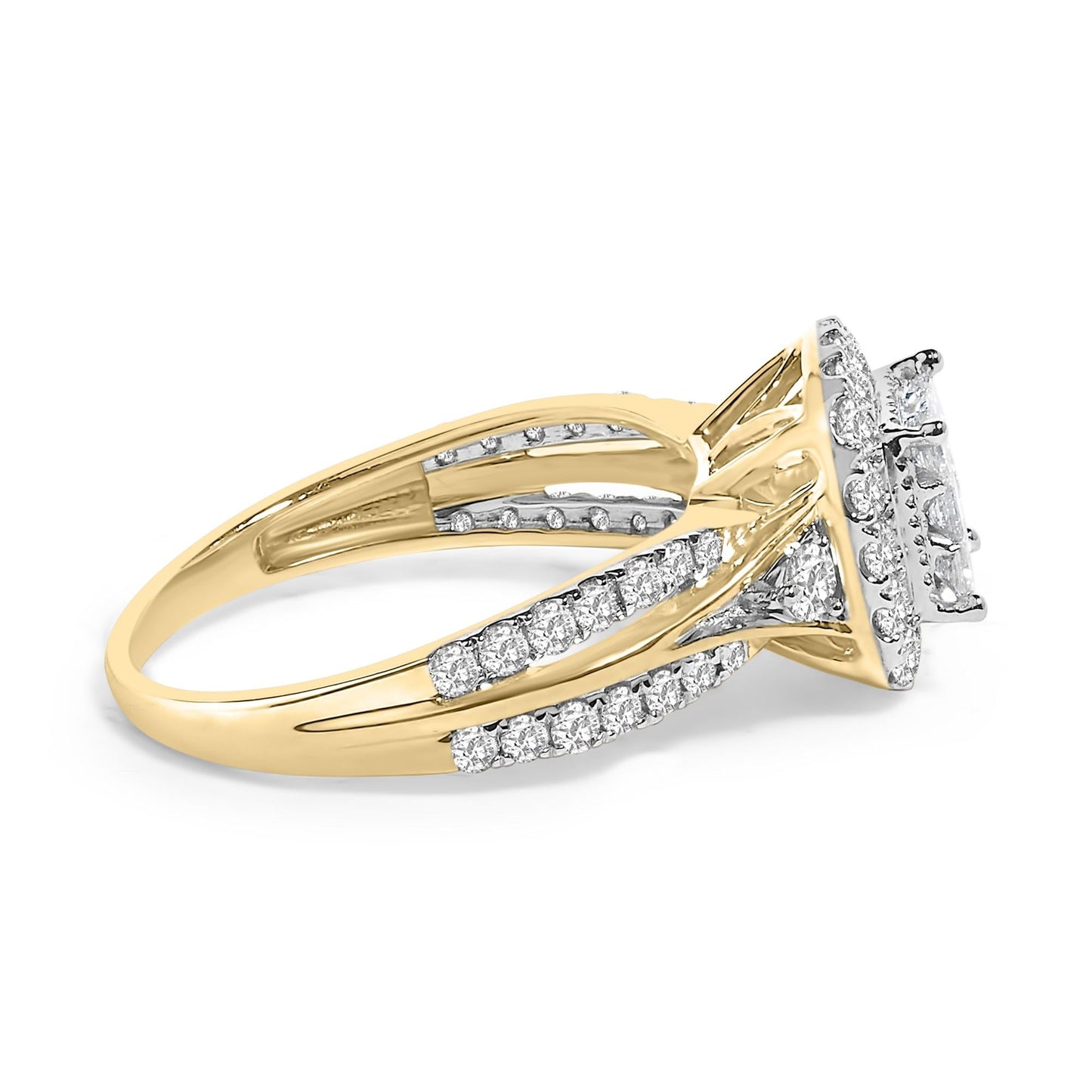10K Yellow Gold 1.0 Cttw Diamond Composite Cushion-Shape Halo 3-Band-Look Engagement Ring (H-I Color, SI1-SI2 Clarity)-1