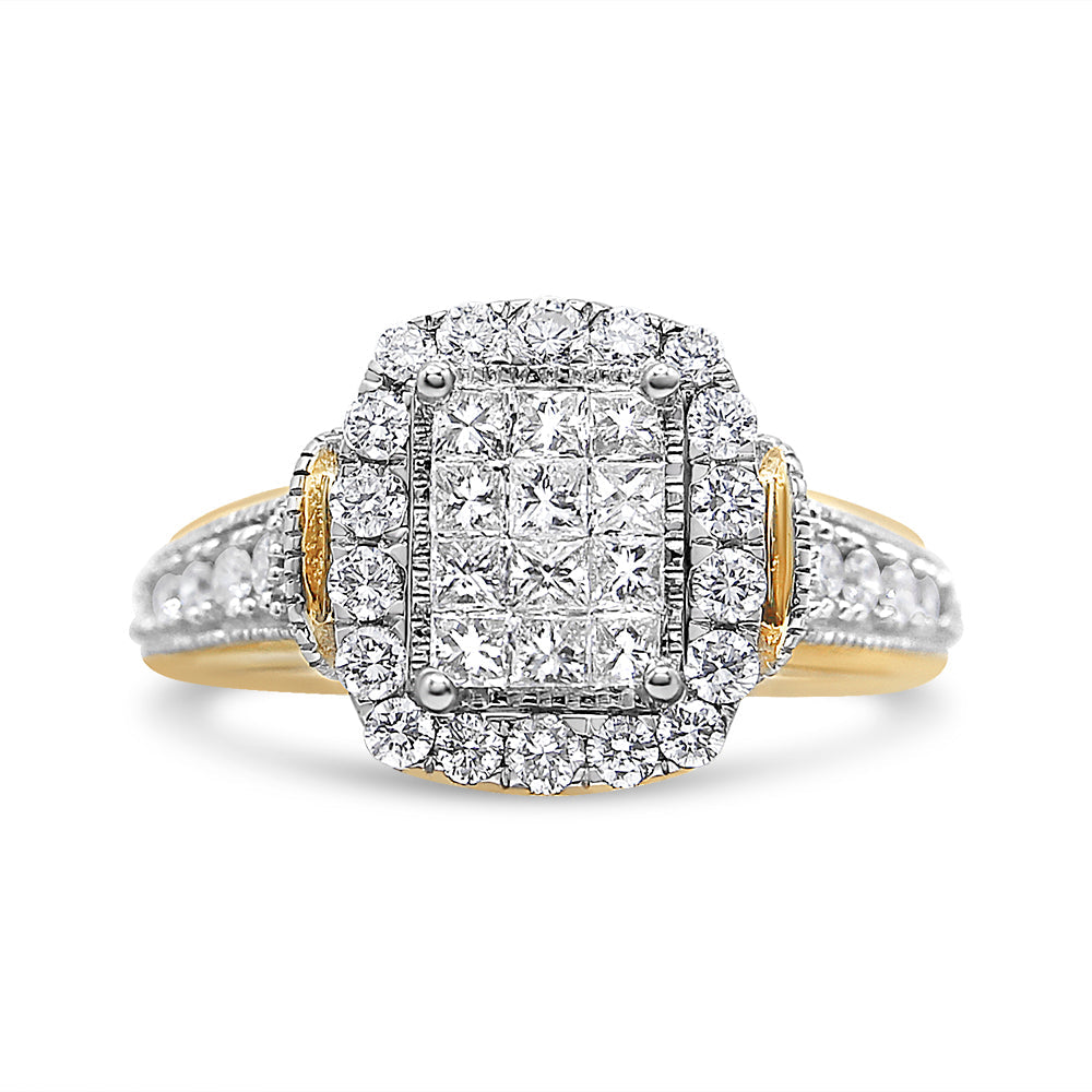 14K Yellow and White Gold 1.00 Cttw Princess and Round Cut Emerald Shaped Halo Diamond Cluster Ring (SI1-SI2 Clarity, H-I Color)-0