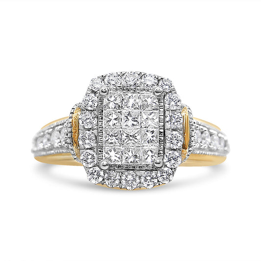 14K Yellow and White Gold 1.00 Cttw Princess and Round Cut Emerald Shaped Halo Diamond Cluster Ring (SI1-SI2 Clarity, H-I Color)-0