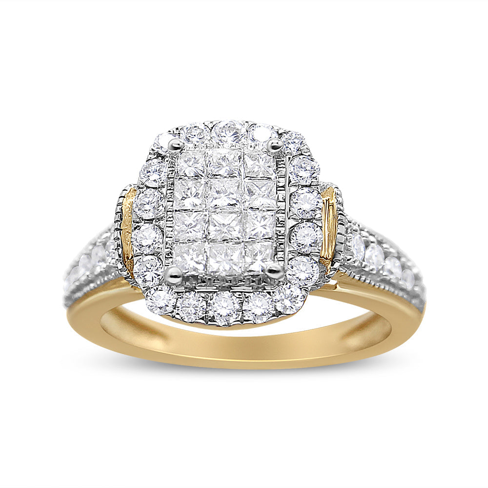 14K Yellow and White Gold 1.00 Cttw Princess and Round Cut Emerald Shaped Halo Diamond Cluster Ring (SI1-SI2 Clarity, H-I Color)-1