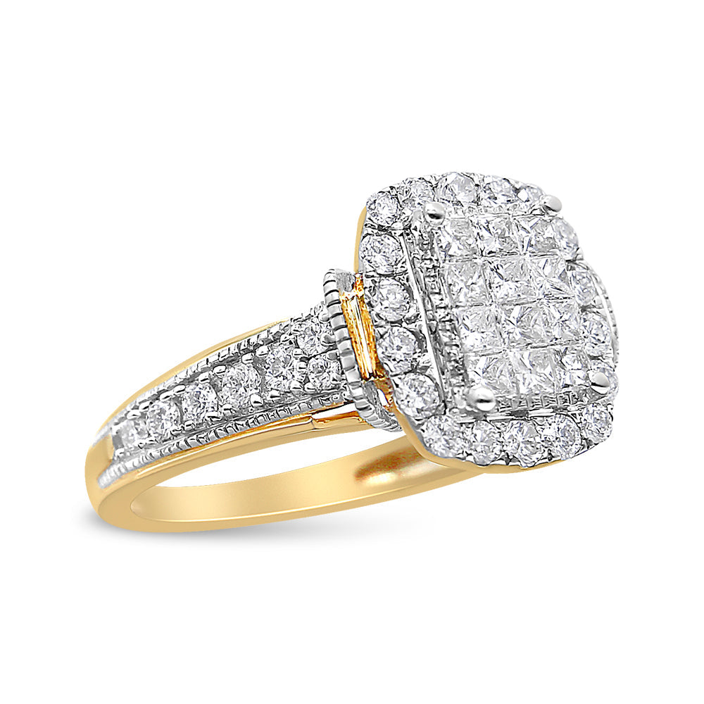 14K Yellow and White Gold 1.00 Cttw Princess and Round Cut Emerald Shaped Halo Diamond Cluster Ring (SI1-SI2 Clarity, H-I Color)-3