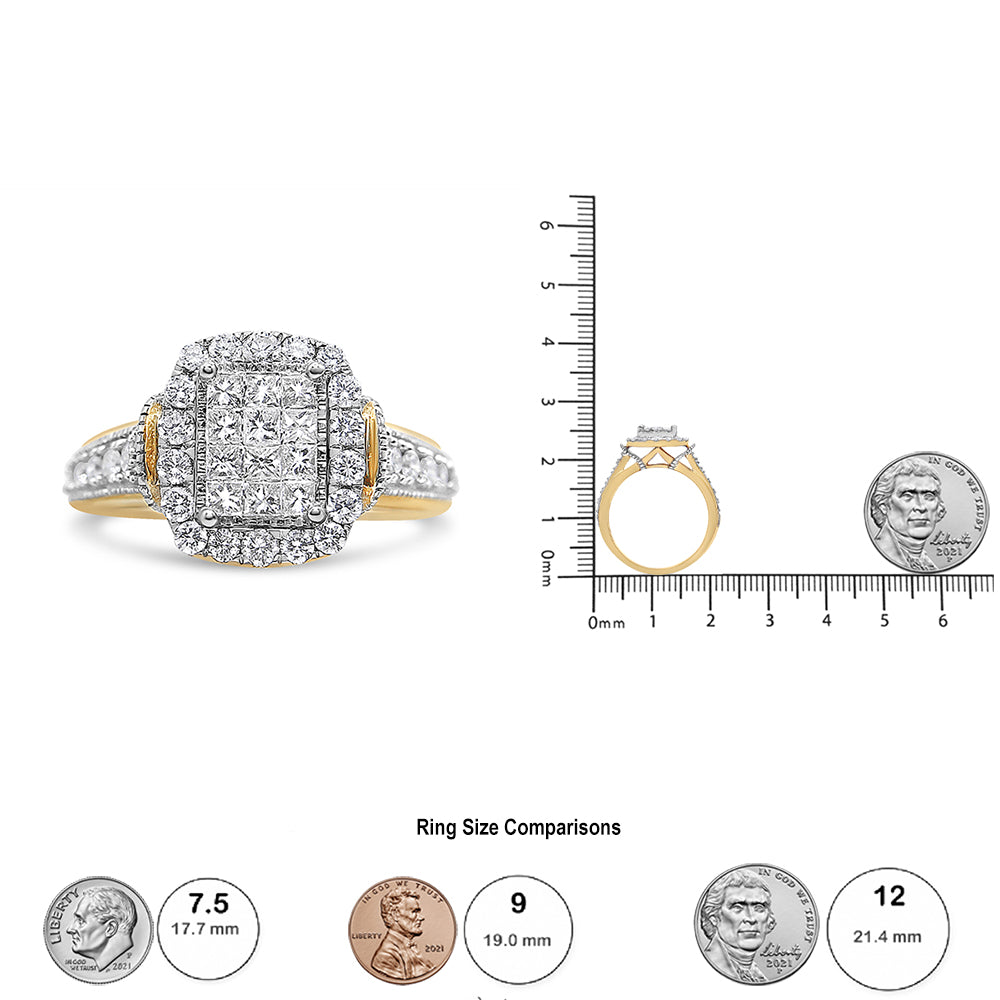 14K Yellow and White Gold 1.00 Cttw Princess and Round Cut Emerald Shaped Halo Diamond Cluster Ring (SI1-SI2 Clarity, H-I Color)-4