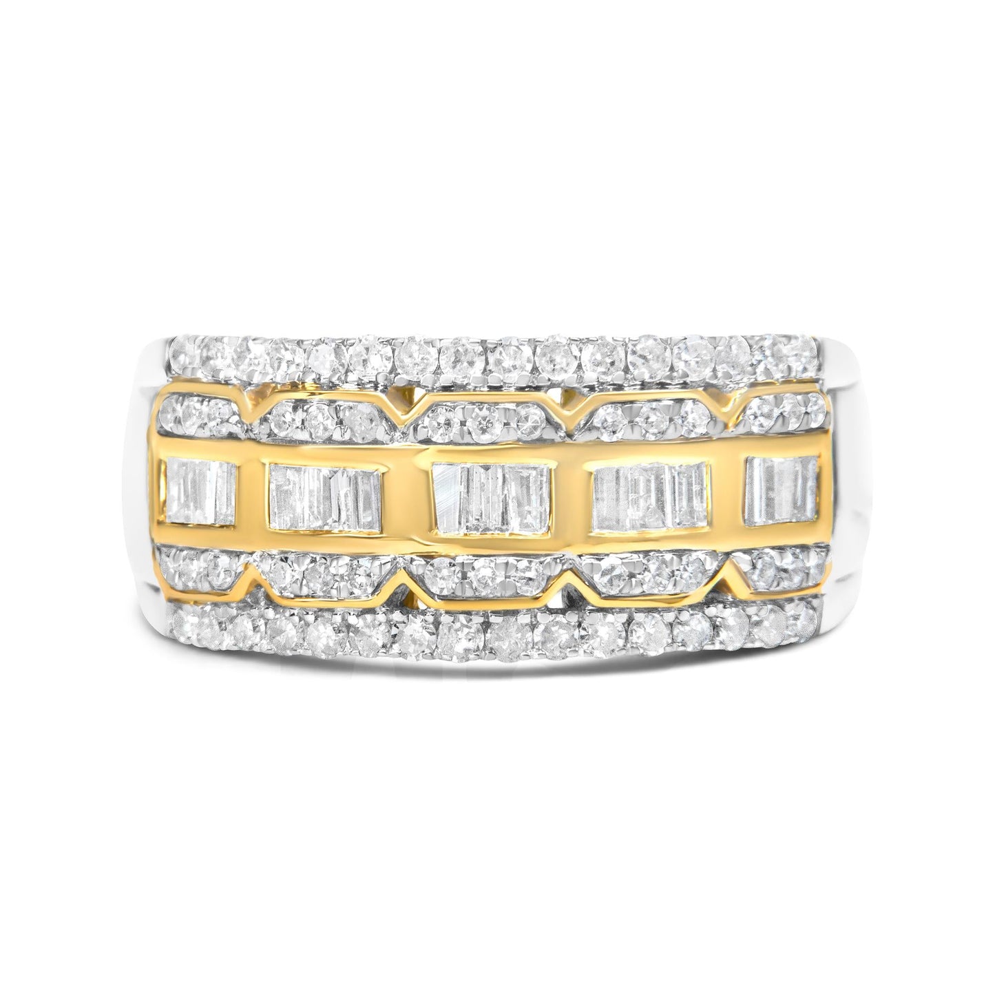 10K White and Yellow Gold 1.00 Cttw Baguette and Round cut Diamond Art Deco Multi-Row Ring Band (I-J Color, I1-I2 Clarity)-1