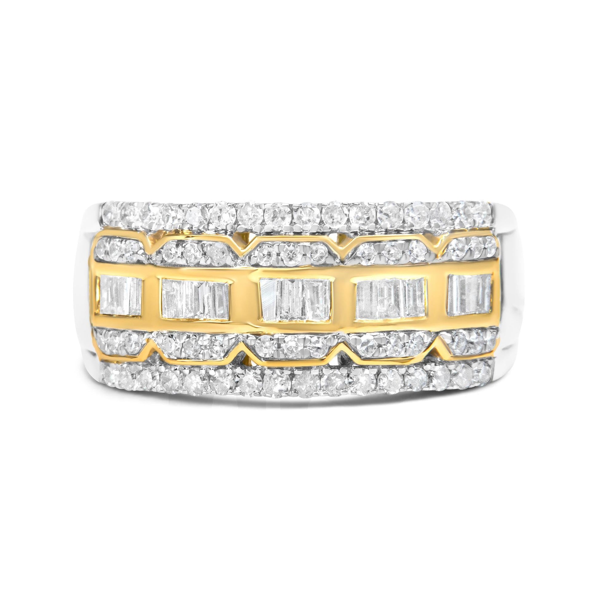 10K White and Yellow Gold 1.00 Cttw Baguette and Round cut Diamond Art Deco Multi-Row Ring Band (I-J Color, I1-I2 Clarity)-1