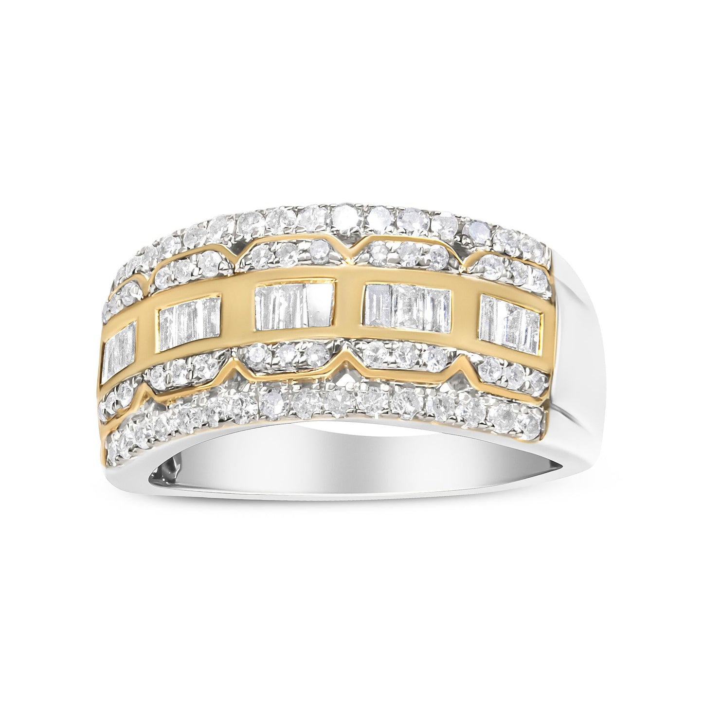 10K White and Yellow Gold 1.00 Cttw Baguette and Round cut Diamond Art Deco Multi-Row Ring Band (I-J Color, I1-I2 Clarity)-3