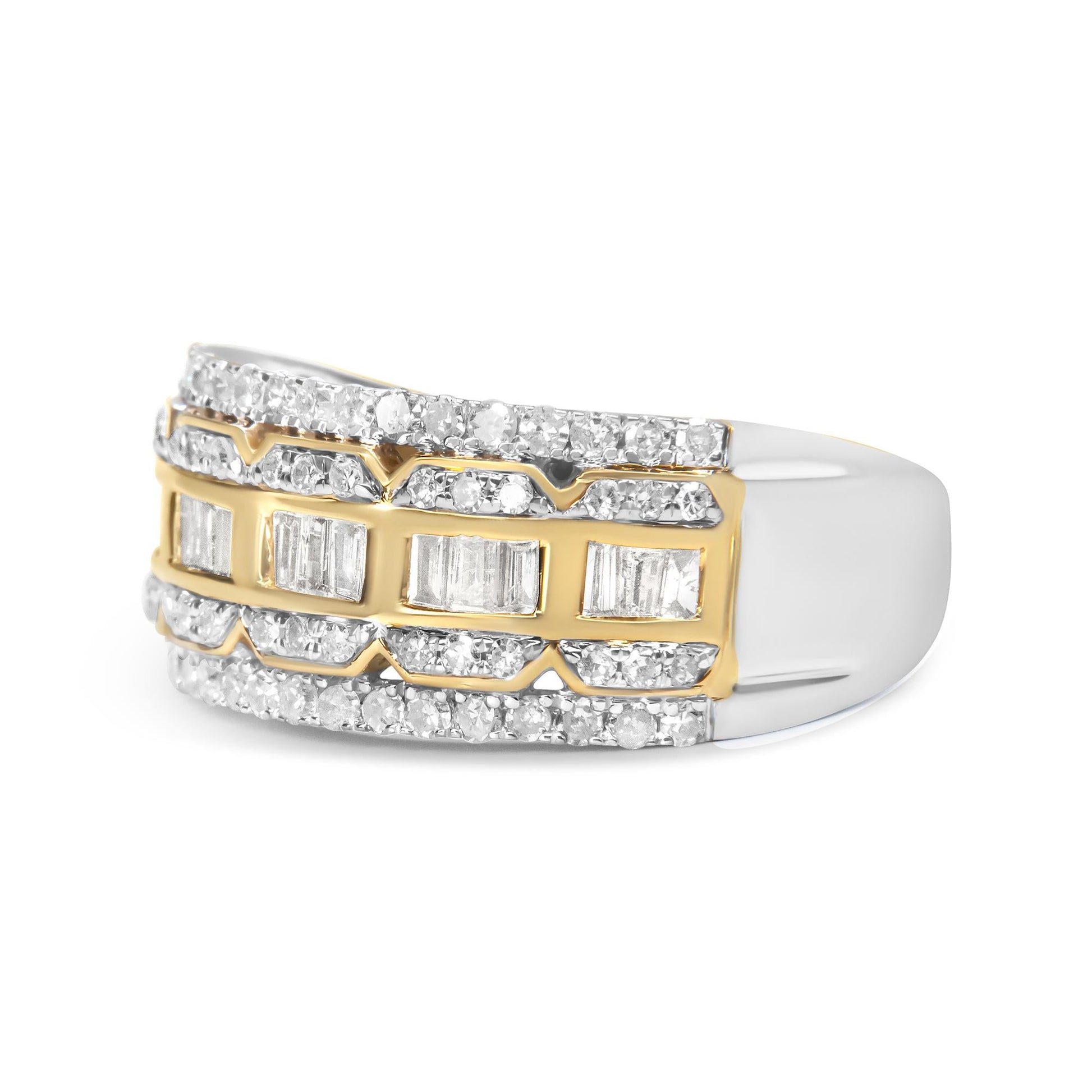 10K White and Yellow Gold 1.00 Cttw Baguette and Round cut Diamond Art Deco Multi-Row Ring Band (I-J Color, I1-I2 Clarity)-4