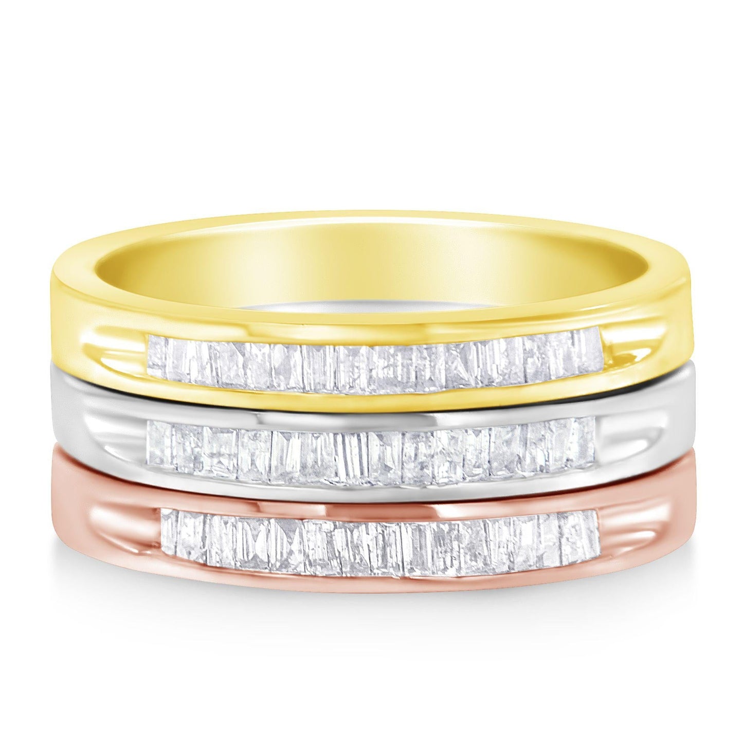 10K Yellow, White and Rose Gold over .925 Sterling Silver 5/8 Cttw Diamond Channel-Set Stackable Band Ring Set (H-I Color, I1-I2 Clarity)-3