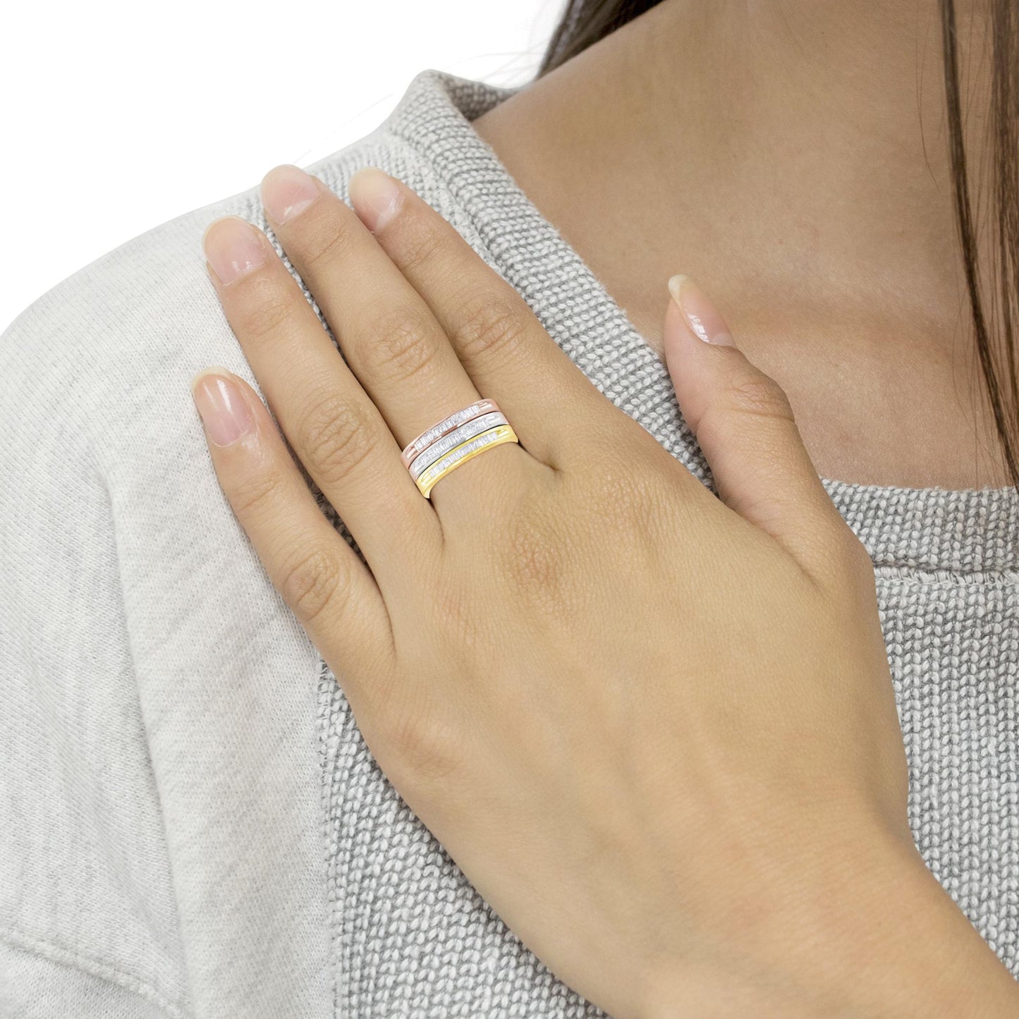 10K Yellow, White and Rose Gold over .925 Sterling Silver 5/8 Cttw Diamond Channel-Set Stackable Band Ring Set (H-I Color, I1-I2 Clarity)-2