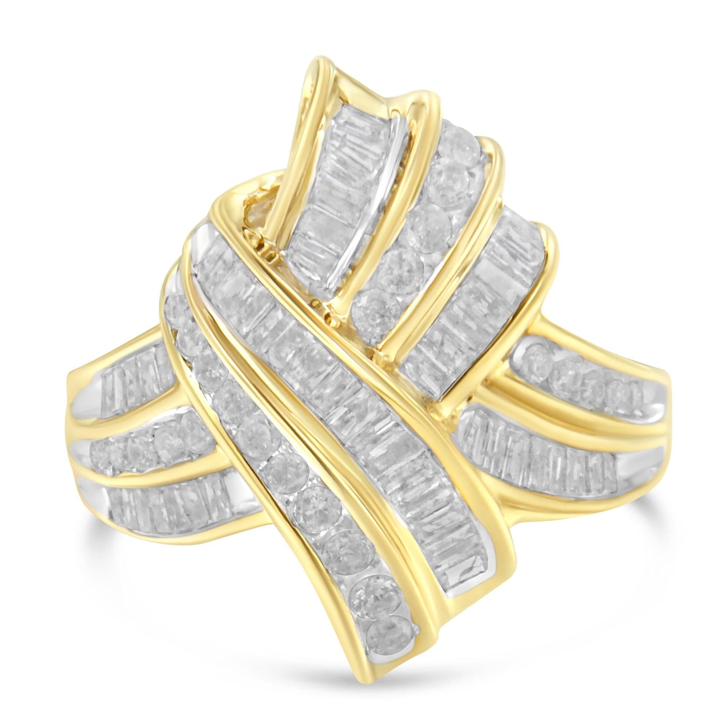 10K Yellow Gold Plated .925 Sterling Silver 1.0 Cttw Round & Baguette Diamond Knot Channel Statement Ring (I-J Color, I2-I3 Clarity)-3