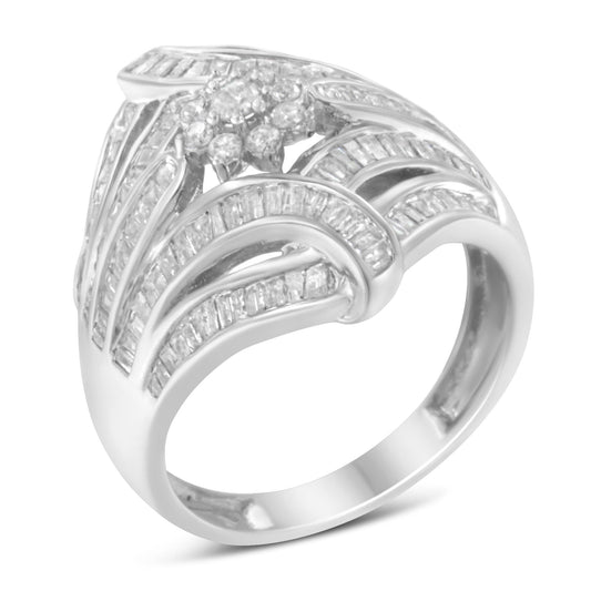 .925 Sterling Silver 1-1/8 Cttw Round & Baguette Diamond 'Flower & Fern' Cluster Cocktail Fashion Ring (I-J Color, I2-I3 Clarity)-0