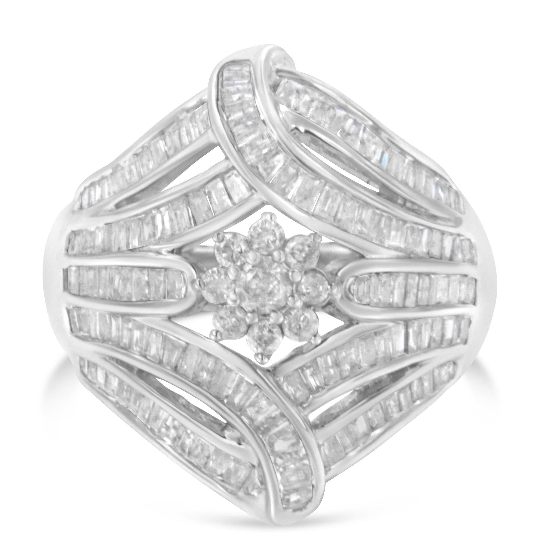.925 Sterling Silver 1-1/8 Cttw Round & Baguette Diamond 'Flower & Fern' Cluster Cocktail Fashion Ring (I-J Color, I2-I3 Clarity)-3
