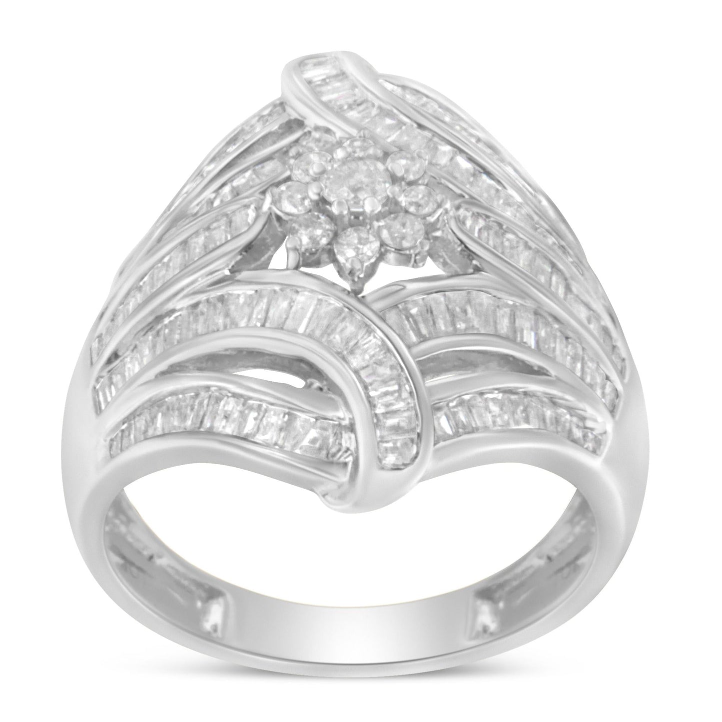 .925 Sterling Silver 1-1/8 Cttw Round & Baguette Diamond 'Flower & Fern' Cluster Cocktail Fashion Ring (I-J Color, I2-I3 Clarity)-4