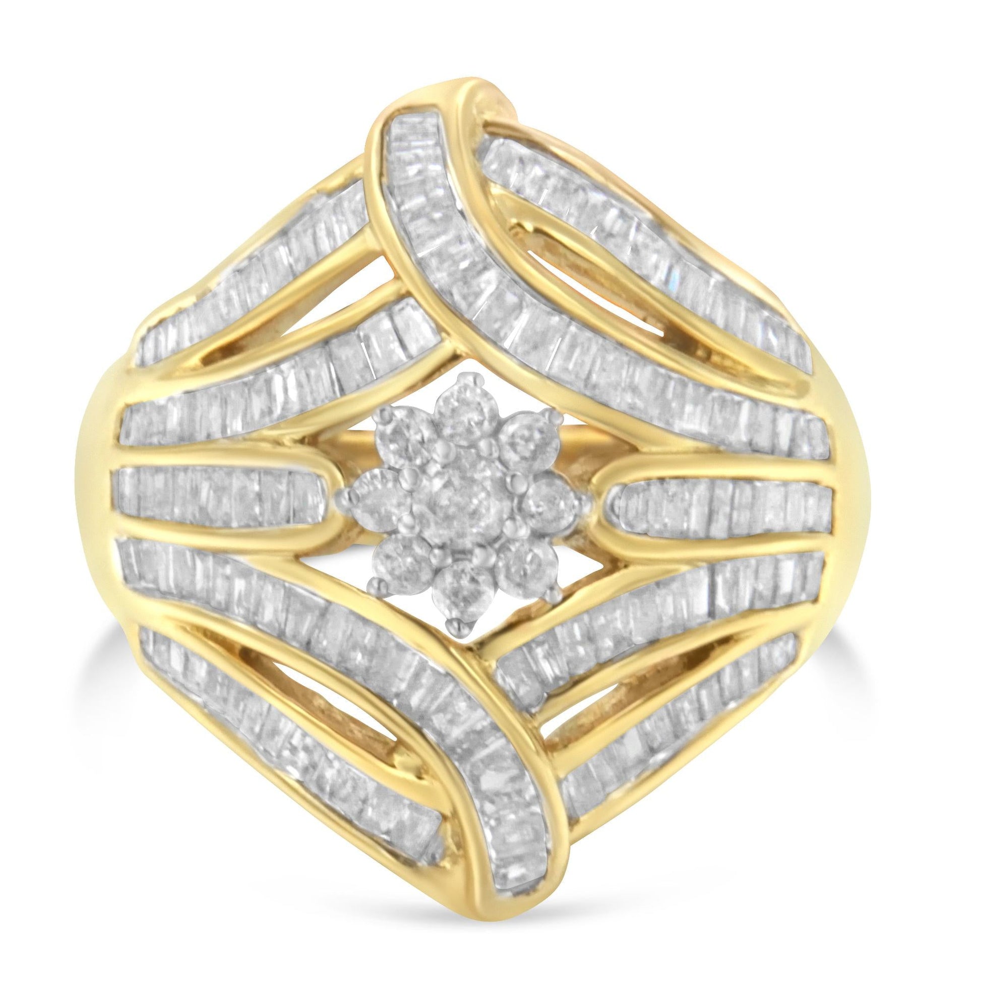 10K Yellow Gold Flashed .925 Sterling Silver 1-1/8 Cttw Round & Baguette Diamond 'Flower & Fern' Cluster Cocktail Fashion Ring (I-J Color, I2-I3 Clarity)-3