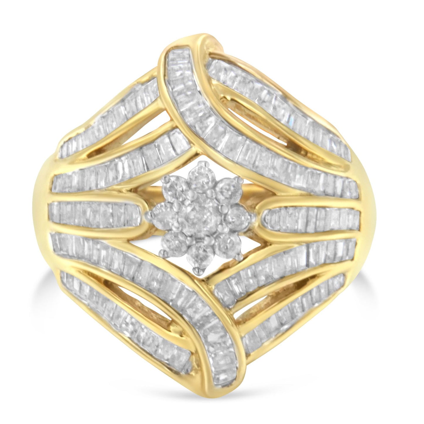 10K Yellow Gold Flashed .925 Sterling Silver 1-1/8 Cttw Round & Baguette Diamond 'Flower & Fern' Cluster Cocktail Fashion Ring (I-J Color, I2-I3 Clarity)-3