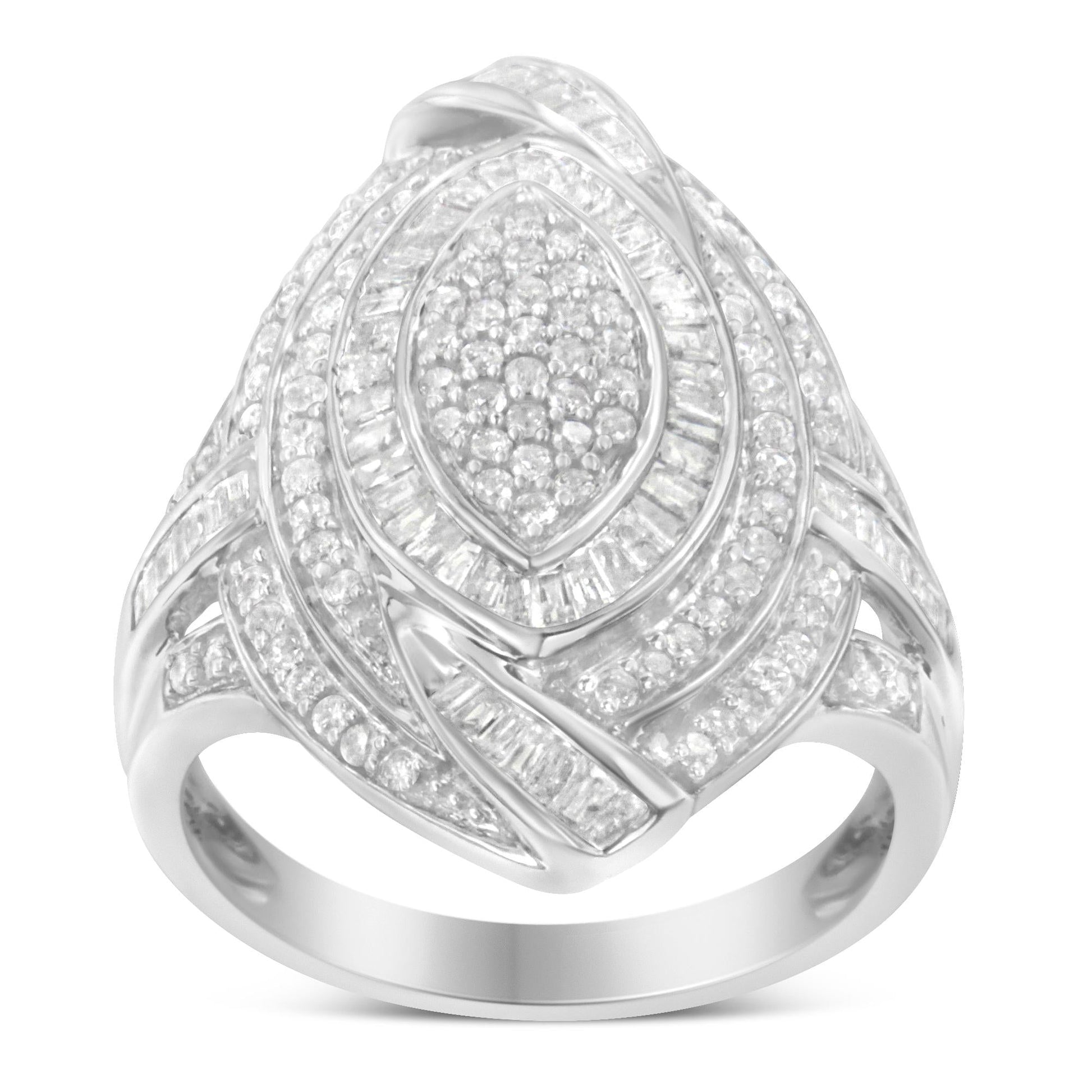 .925 Sterling Silver & 1-1/8 Cttw Diamond Marquise Shaped Cluster Triple Halo Knot Cocktail Fashion Ring (I-J Color, I2-I3 Clarity)-4