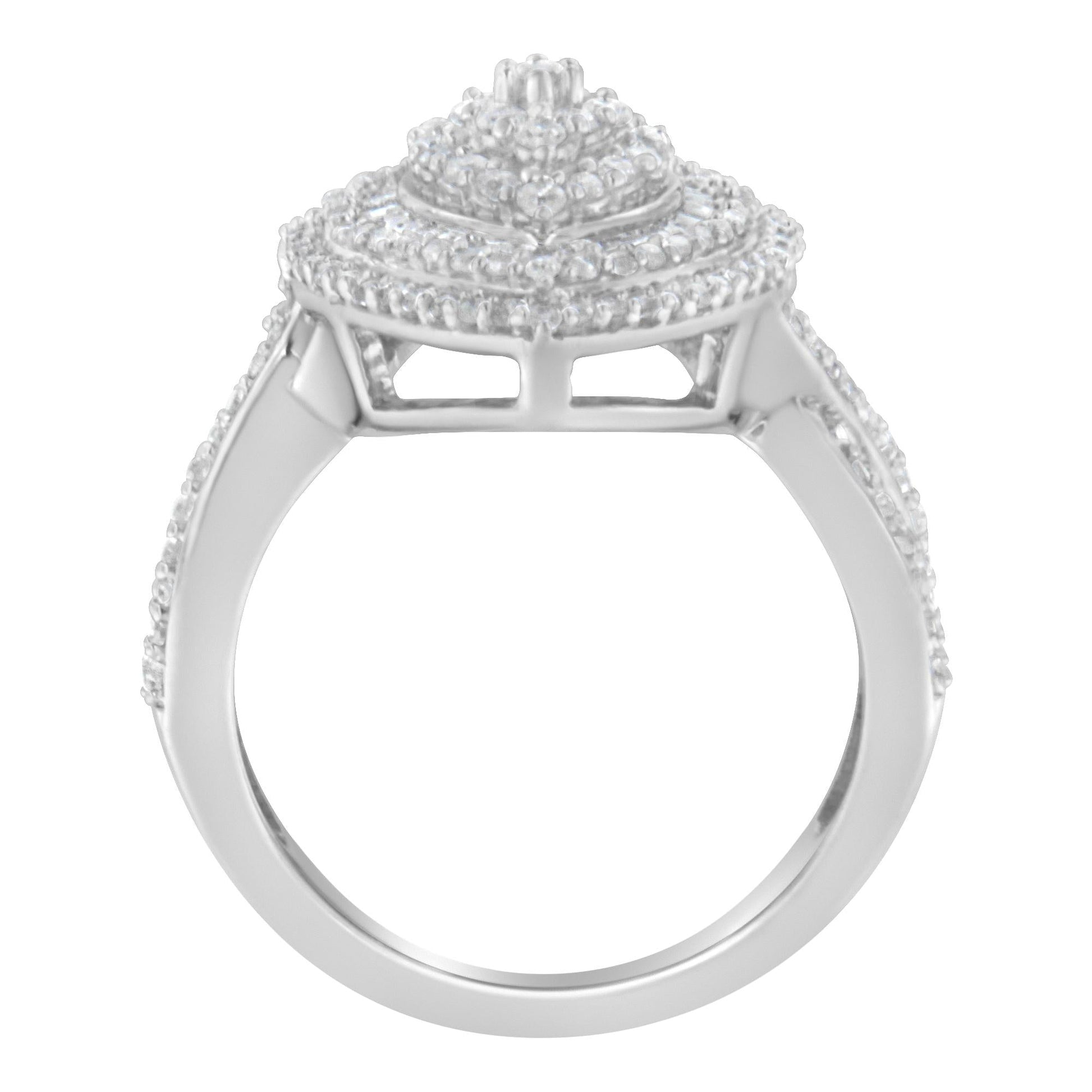 .925 Sterling Silver 1.0 Cttw Round & Baguette-Cut Diamond Marquise-Shaped Cluster Triple Stepped Halo Cocktail Fashion Ring (I-J Color, I2-I3 Clarity)-3