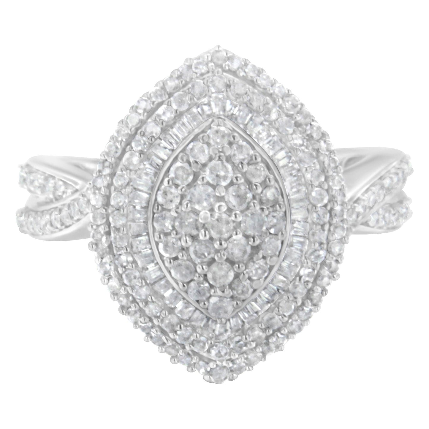 .925 Sterling Silver 1.0 Cttw Round & Baguette-Cut Diamond Marquise-Shaped Cluster Triple Stepped Halo Cocktail Fashion Ring (I-J Color, I2-I3 Clarity)-4
