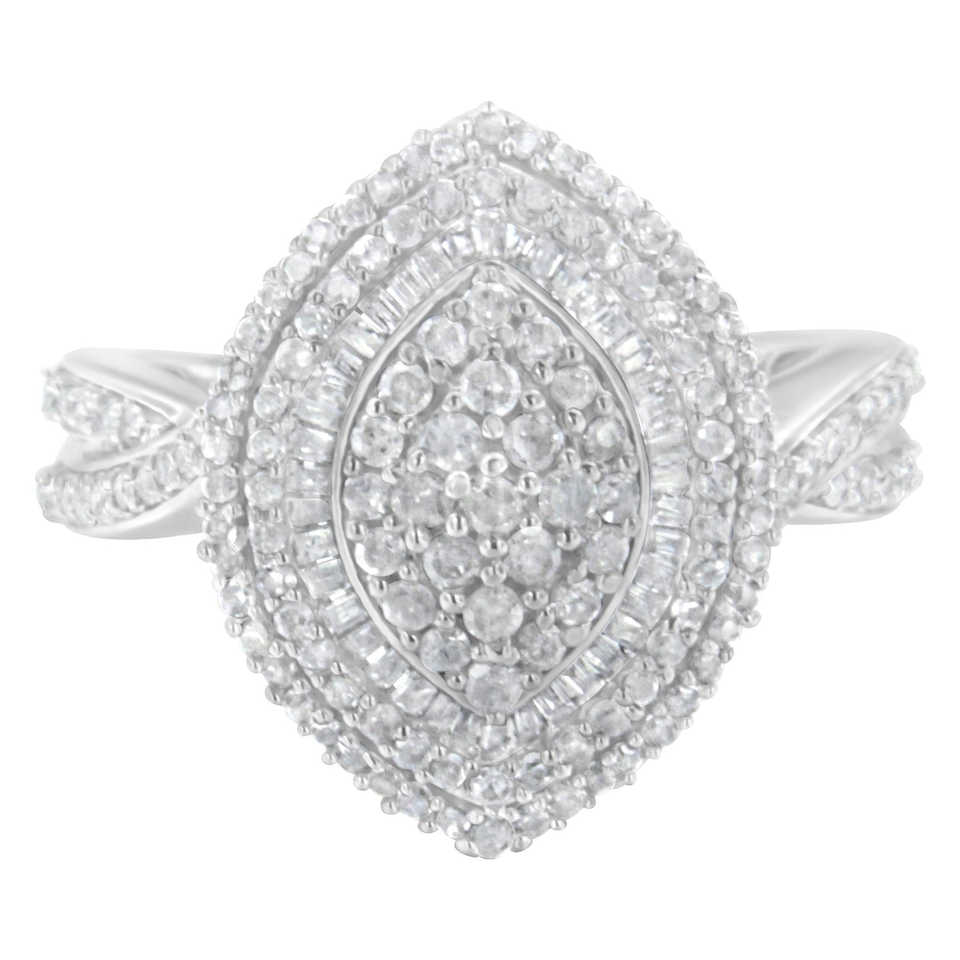 .925 Sterling Silver 1.0 Cttw Round & Baguette-Cut Diamond Marquise-Shaped Cluster Triple Stepped Halo Cocktail Fashion Ring (I-J Color, I2-I3 Clarity)-4
