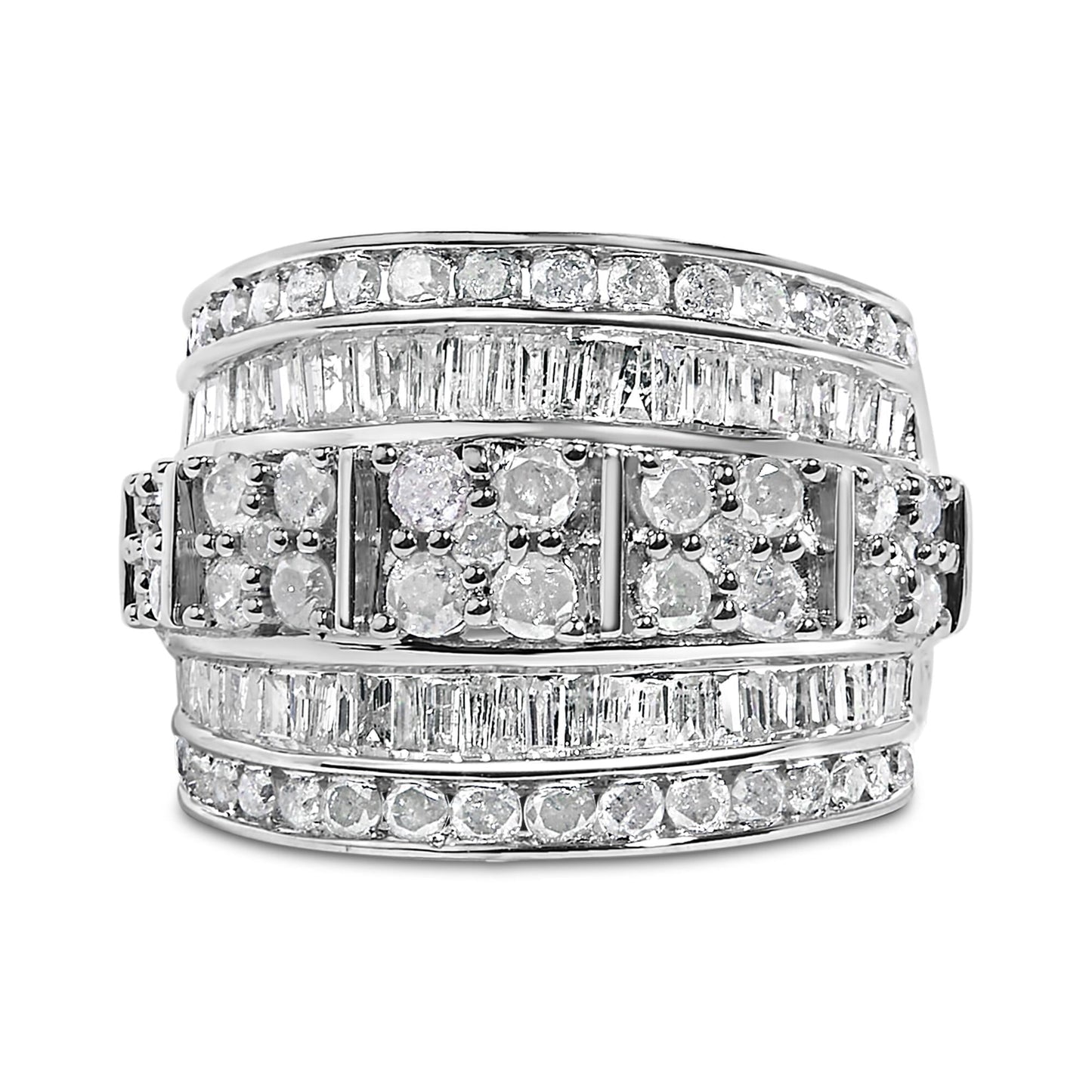 .925 Sterling Silver 2.0 Cttw Round & Baguette Cut Diamond Multi-Row Channel Set Tapered Cocktail Fashion Ring (I-J Color, I3 Clarity)-1