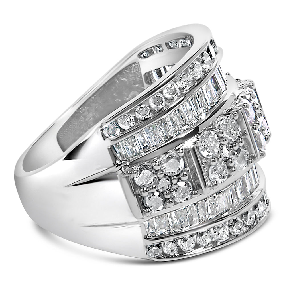 .925 Sterling Silver 2.0 Cttw Round & Baguette Cut Diamond Multi-Row Channel Set Tapered Cocktail Fashion Ring (I-J Color, I3 Clarity)-3