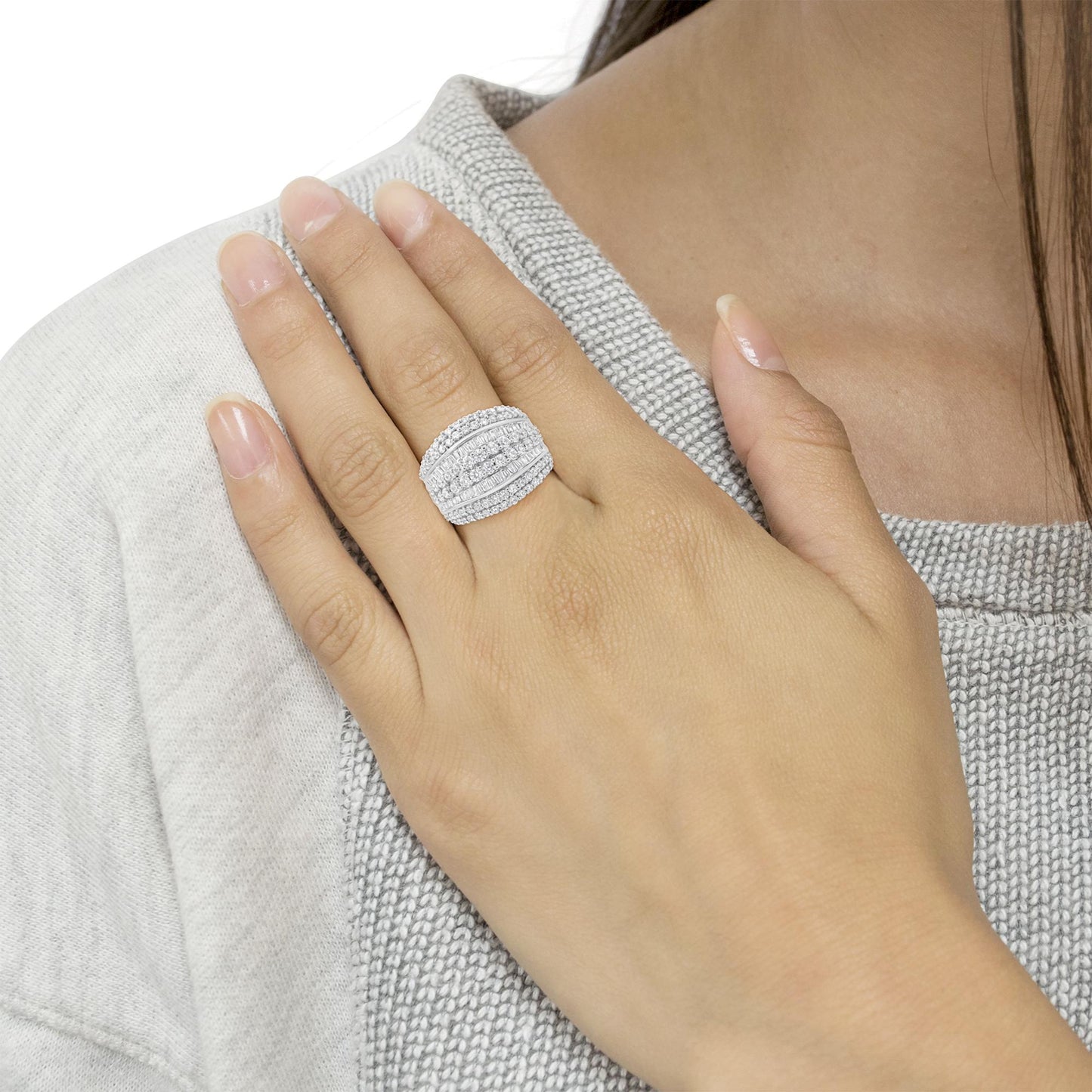 .925 Sterling Silver 2.00 Cttw Round and Baguette-Cut Diamond Cluster Ring (H-I Color, I1-I2 Clarity)-2