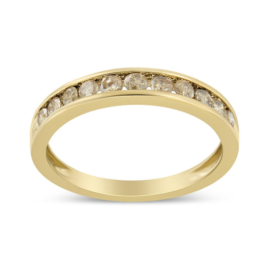 14K Yellow Gold Plated .925 Sterling Silver 1/2 Cttw Channel Set Round Champagne Diamond 11 Stone Band Ring (K-L Color, I1-I2 Clarity)-0
