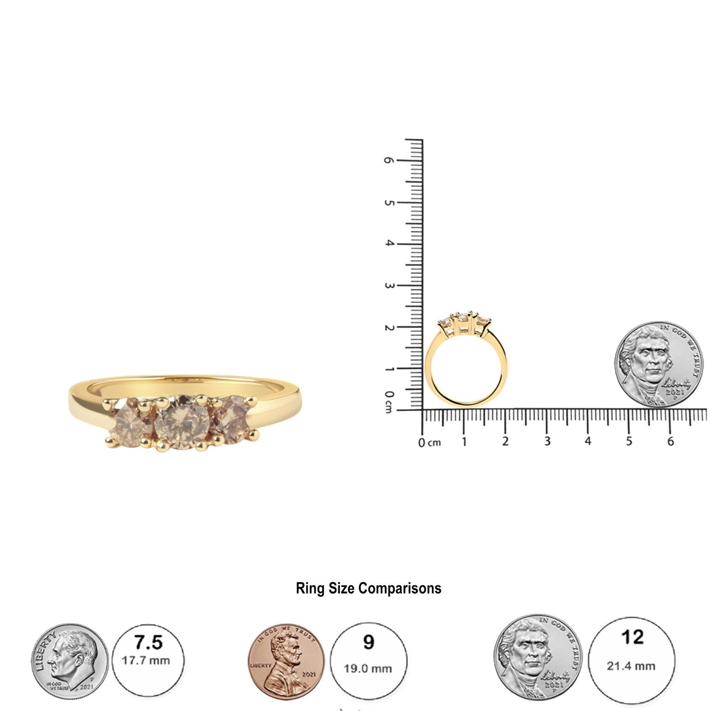 10K Yellow Gold 1.00 Cttw Champagne Diamond 3-Stone Band Ring (J-K Color, I1-I2 Clarity)-4