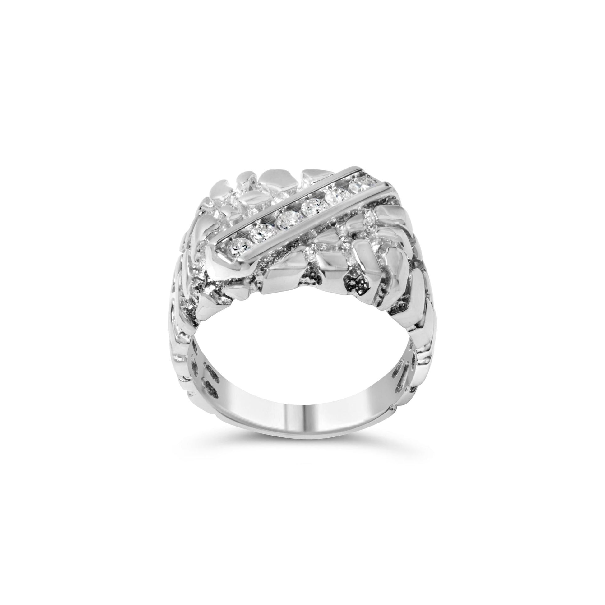 .925 Sterling Silver 1/3 Diamond 6 Stone Rectangle Nugget Gents Ring-0
