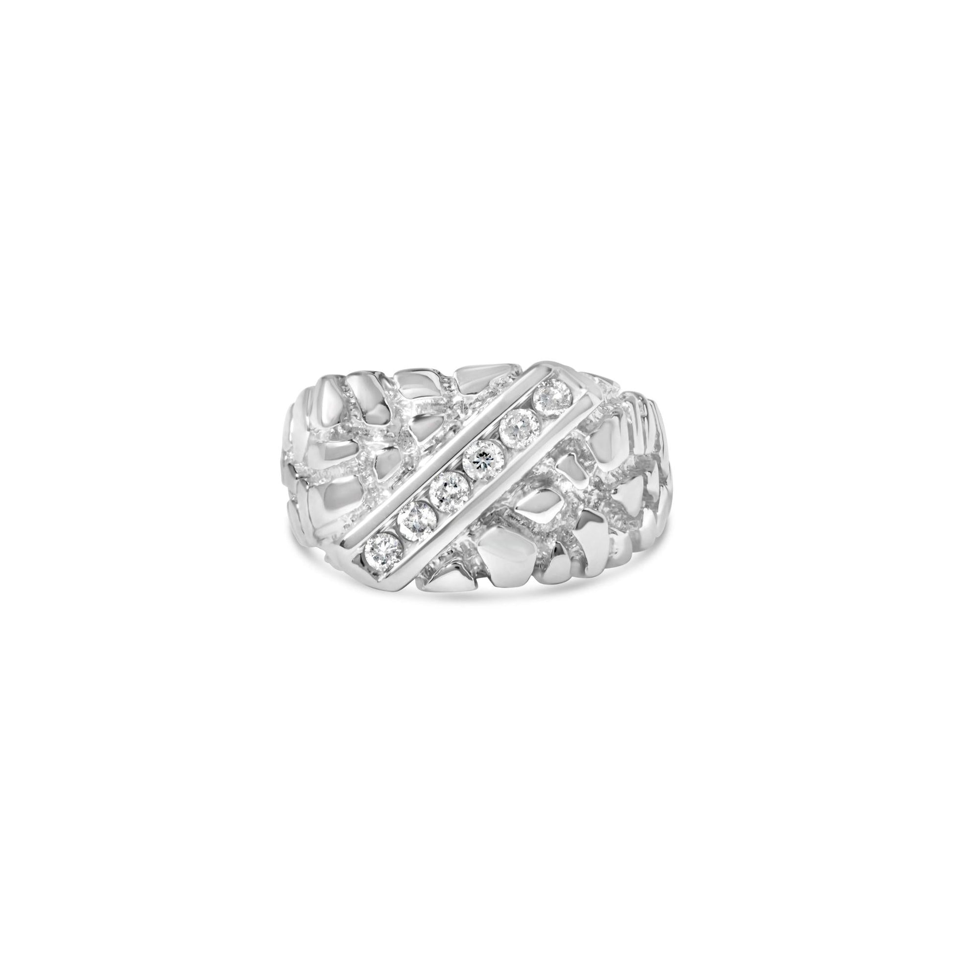 .925 Sterling Silver 1/3 Diamond 6 Stone Rectangle Nugget Gents Ring-4