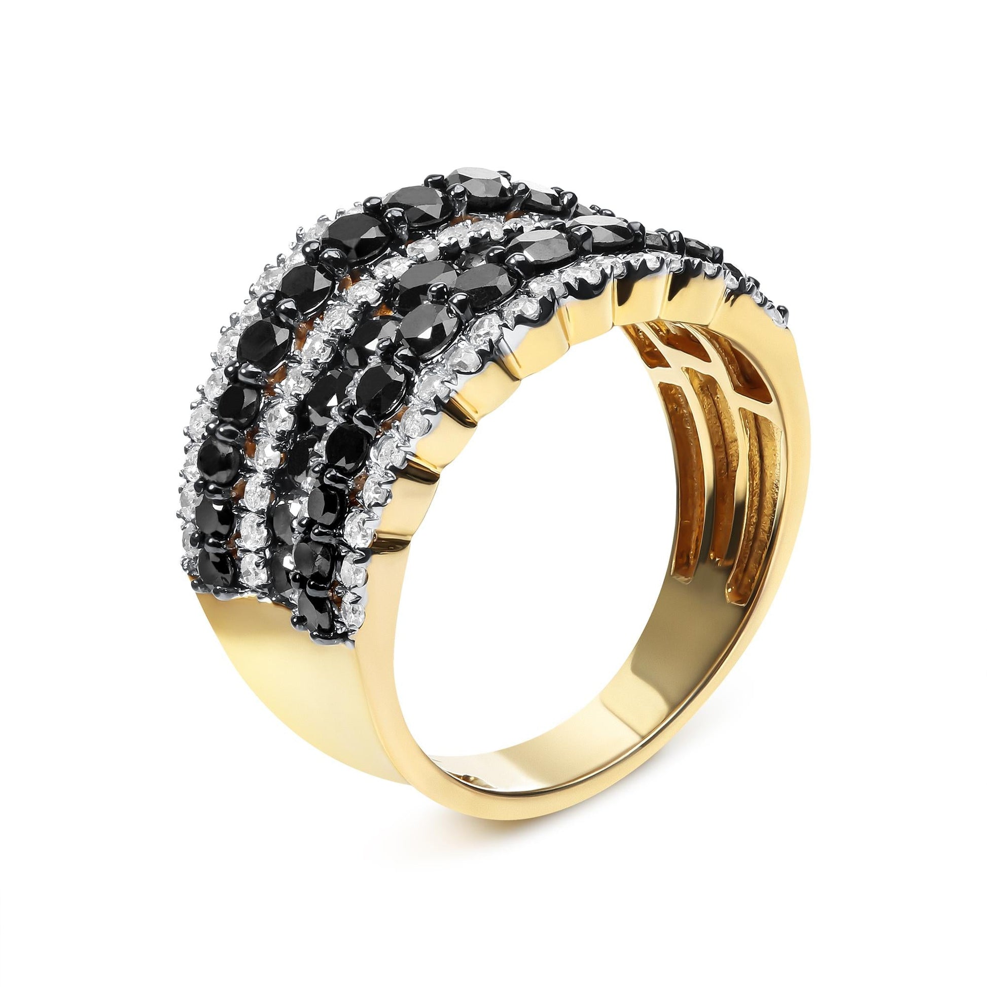 14K Yellow Gold Plated .925 Sterling Silver 1 3/4 Cttw Treated Black and White Alternating Diamond Multi Row Band Ring (Black / I-J Color, I2-I3 Clarity)-3