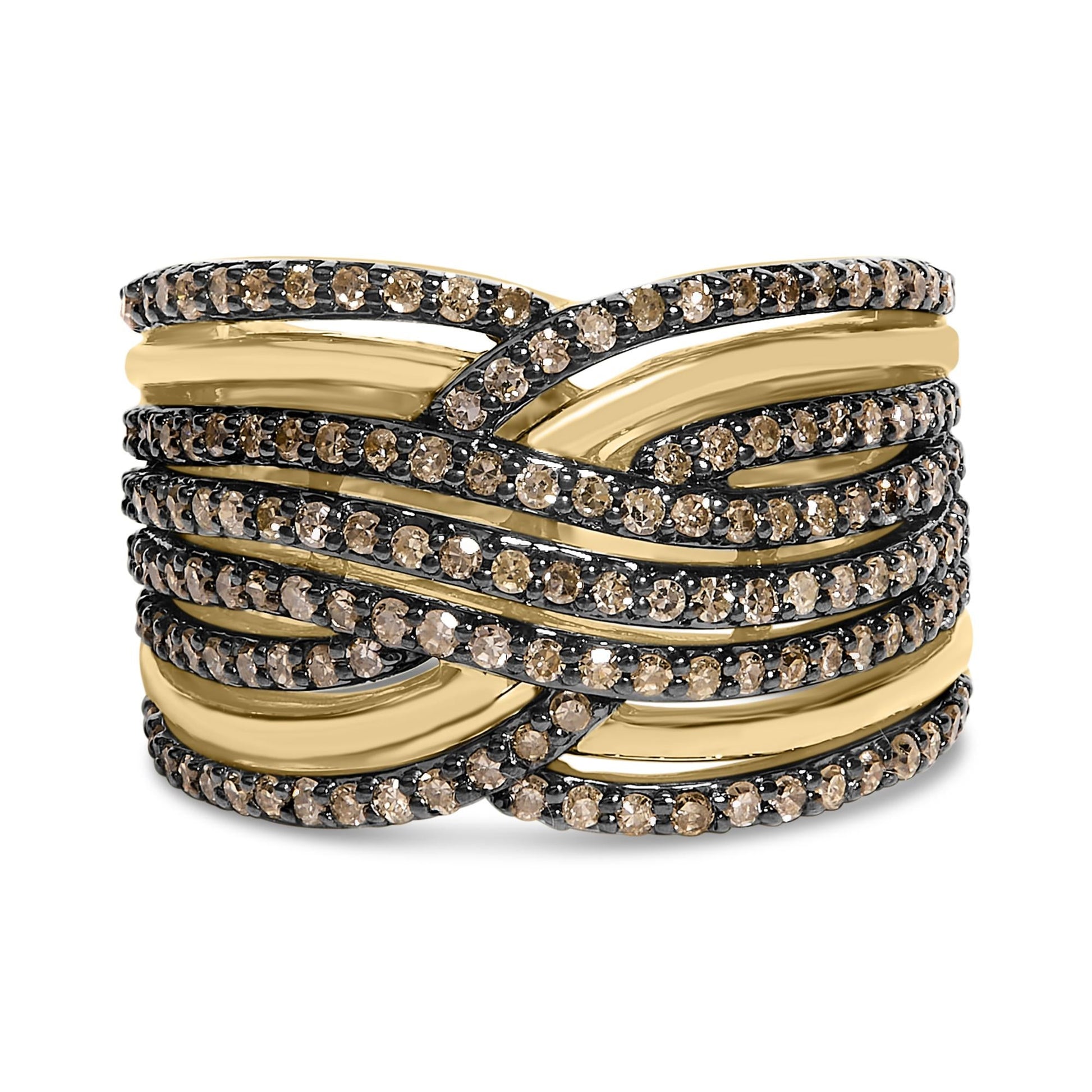 10K Yellow Gold Plated .925 Sterling Silver 1.0 Cttw Champagne Diamond Multi Row Cross Over Band Ring-0