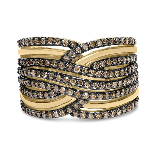 10K Yellow Gold Plated .925 Sterling Silver 1.0 Cttw Champagne Diamond Multi Row Cross Over Band Ring-0