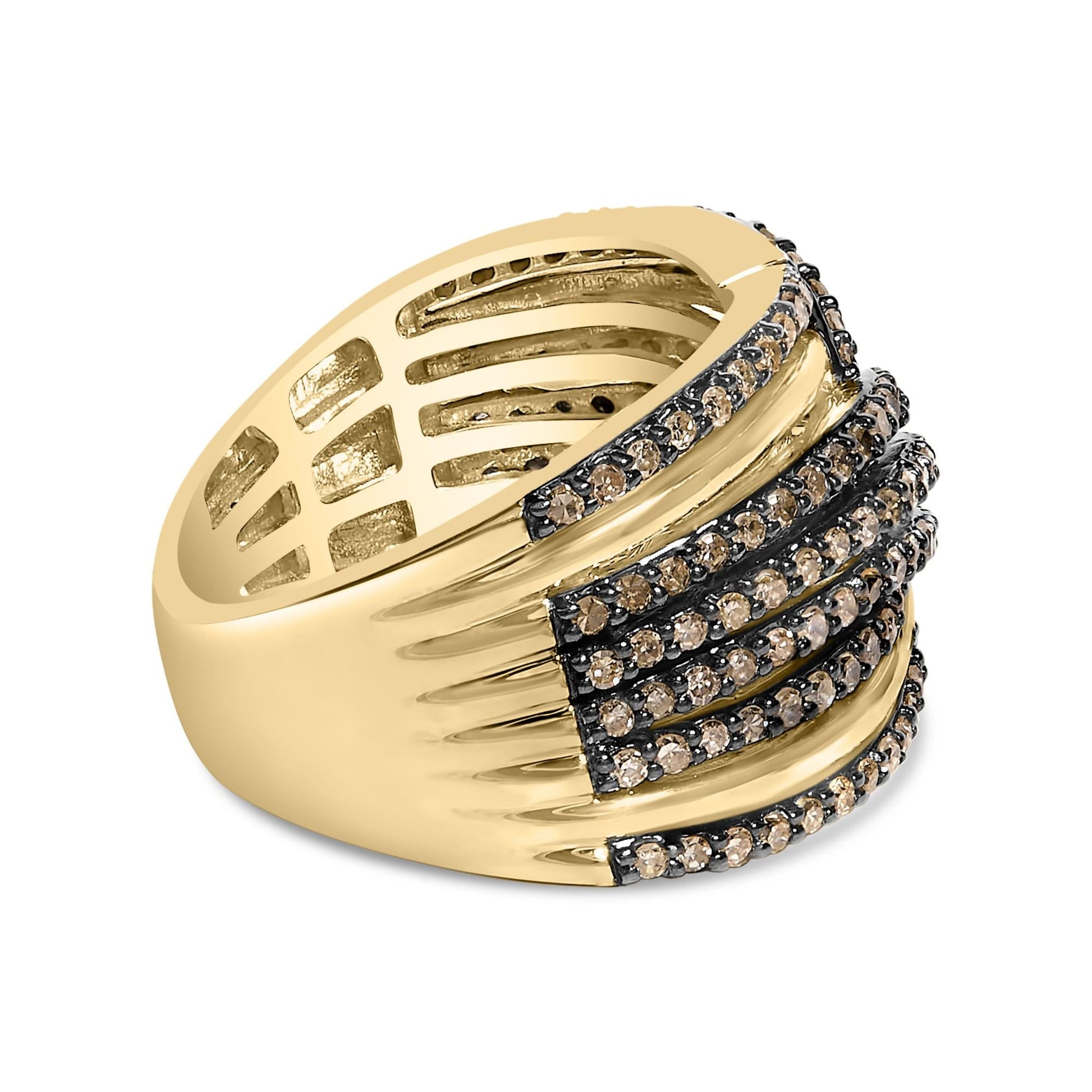 10K Yellow Gold Plated .925 Sterling Silver 1.0 Cttw Champagne Diamond Multi Row Cross Over Band Ring-1