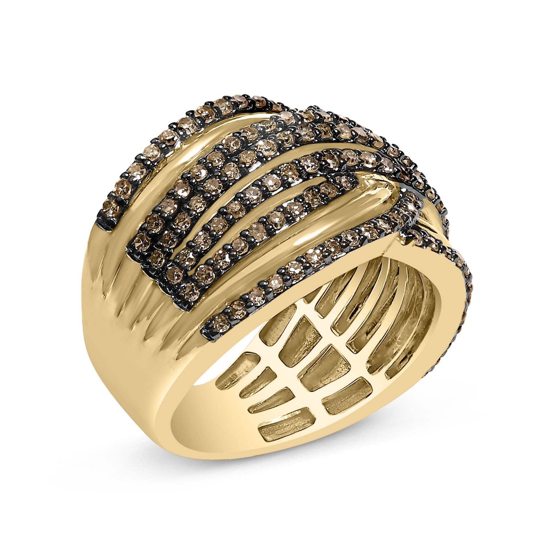10K Yellow Gold Plated .925 Sterling Silver 1.0 Cttw Champagne Diamond Multi Row Cross Over Band Ring-3