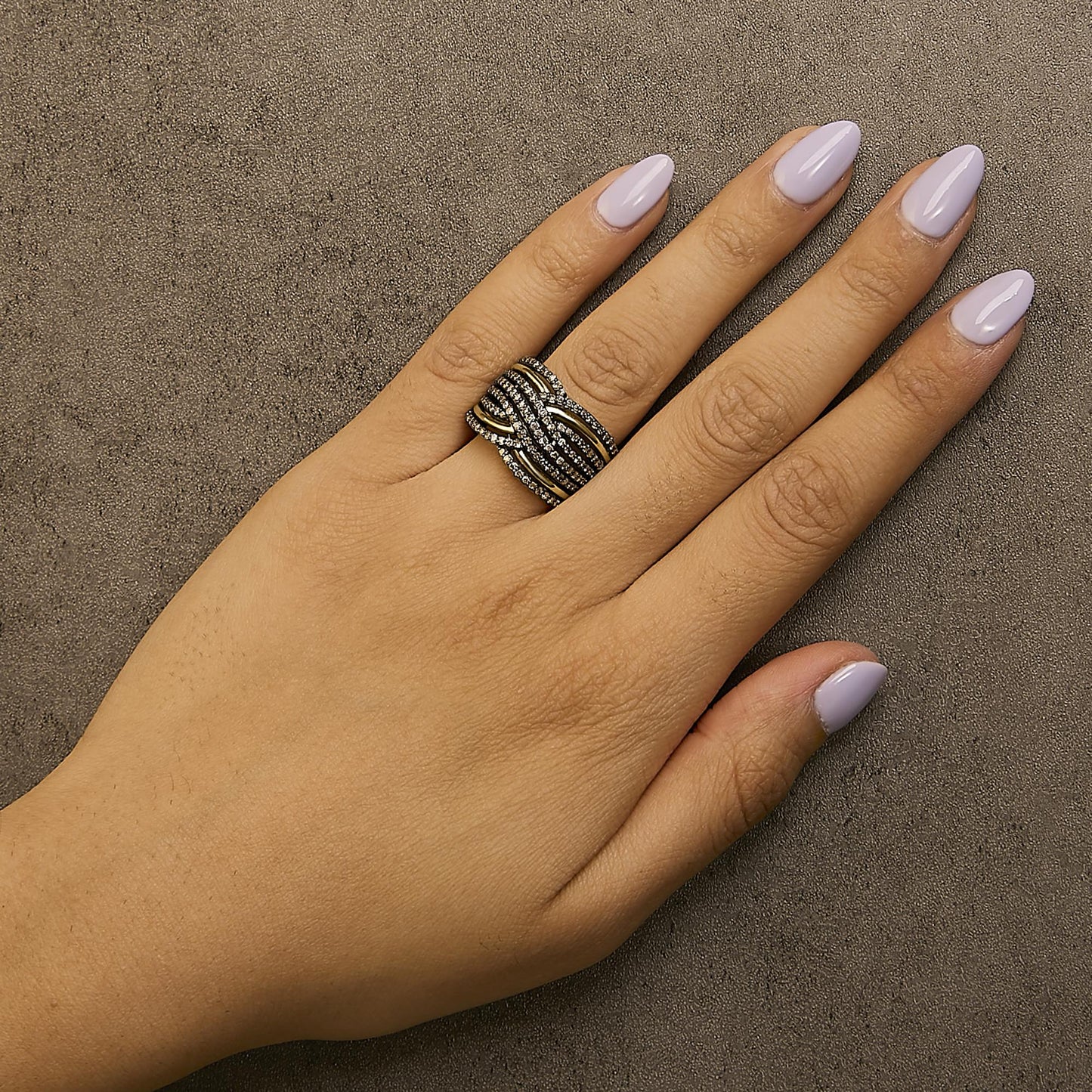 10K Yellow Gold Plated .925 Sterling Silver 1.0 Cttw Champagne Diamond Multi Row Cross Over Band Ring-2