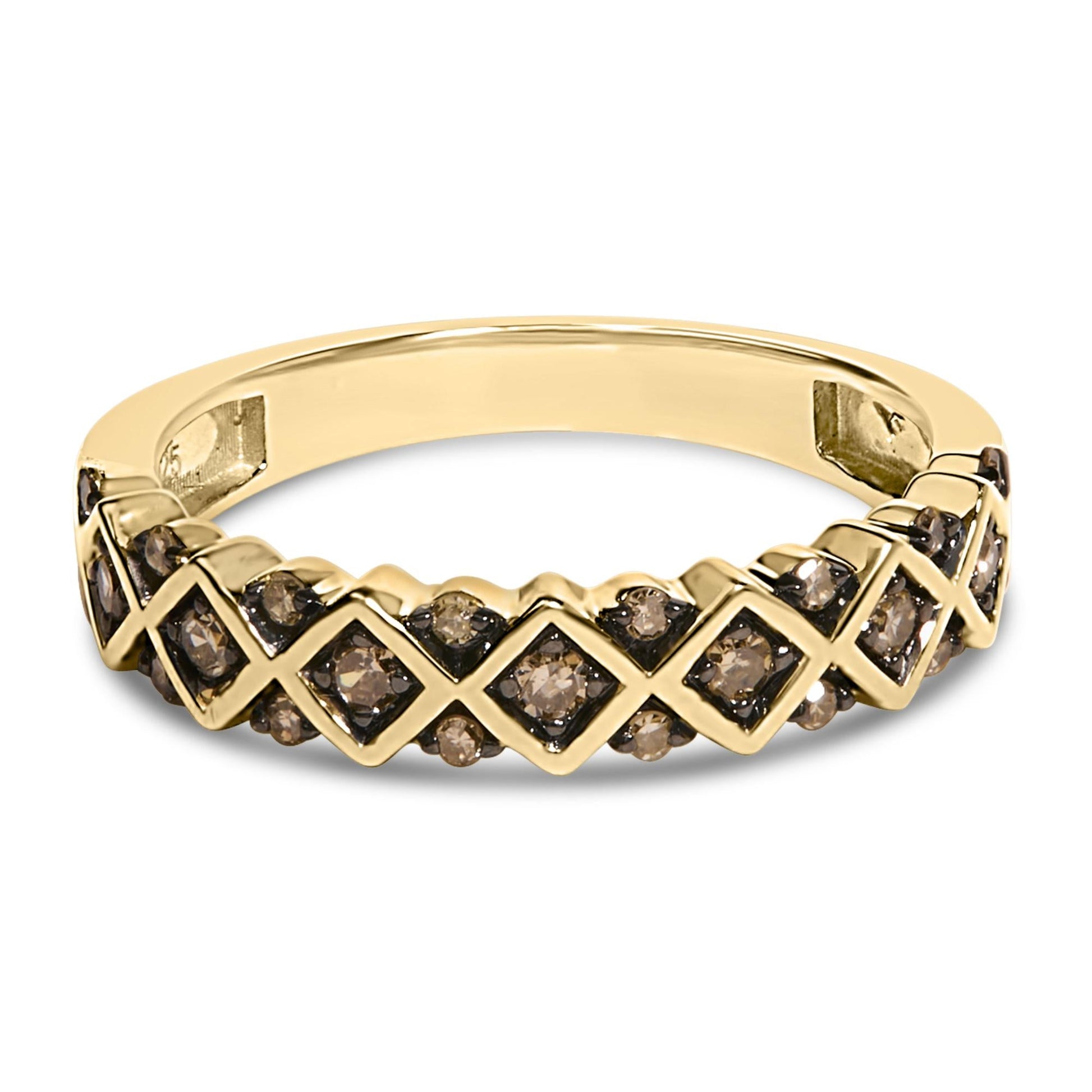 10K Yellow Gold Plated .925 Sterling Silver 1/4 Cttw Champagne Diamond Geometric Band Ring-0