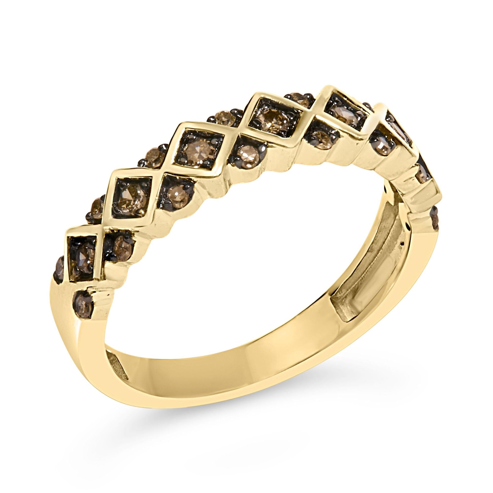 10K Yellow Gold Plated .925 Sterling Silver 1/4 Cttw Champagne Diamond Geometric Band Ring-3