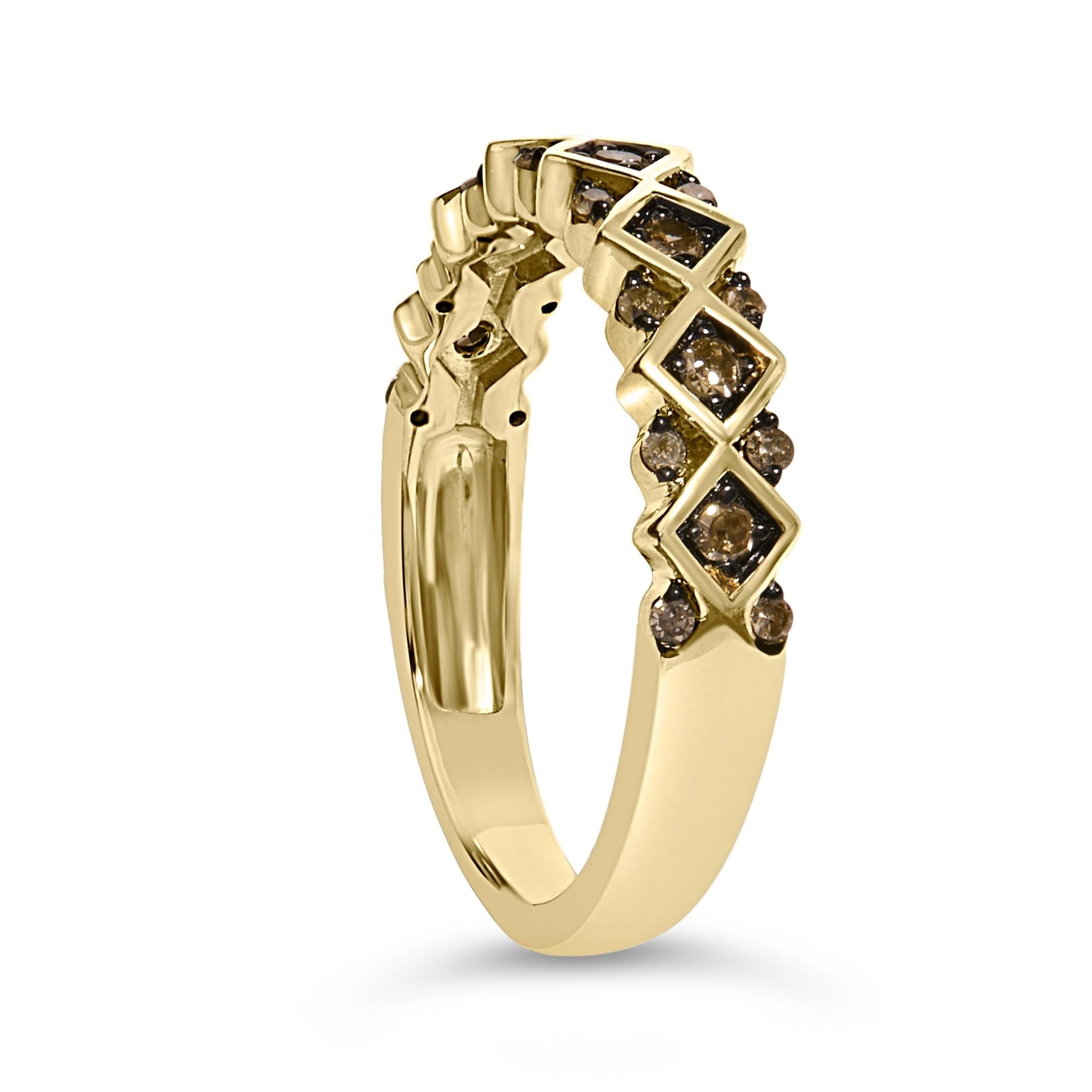 10K Yellow Gold Plated .925 Sterling Silver 1/4 Cttw Champagne Diamond Geometric Band Ring-4