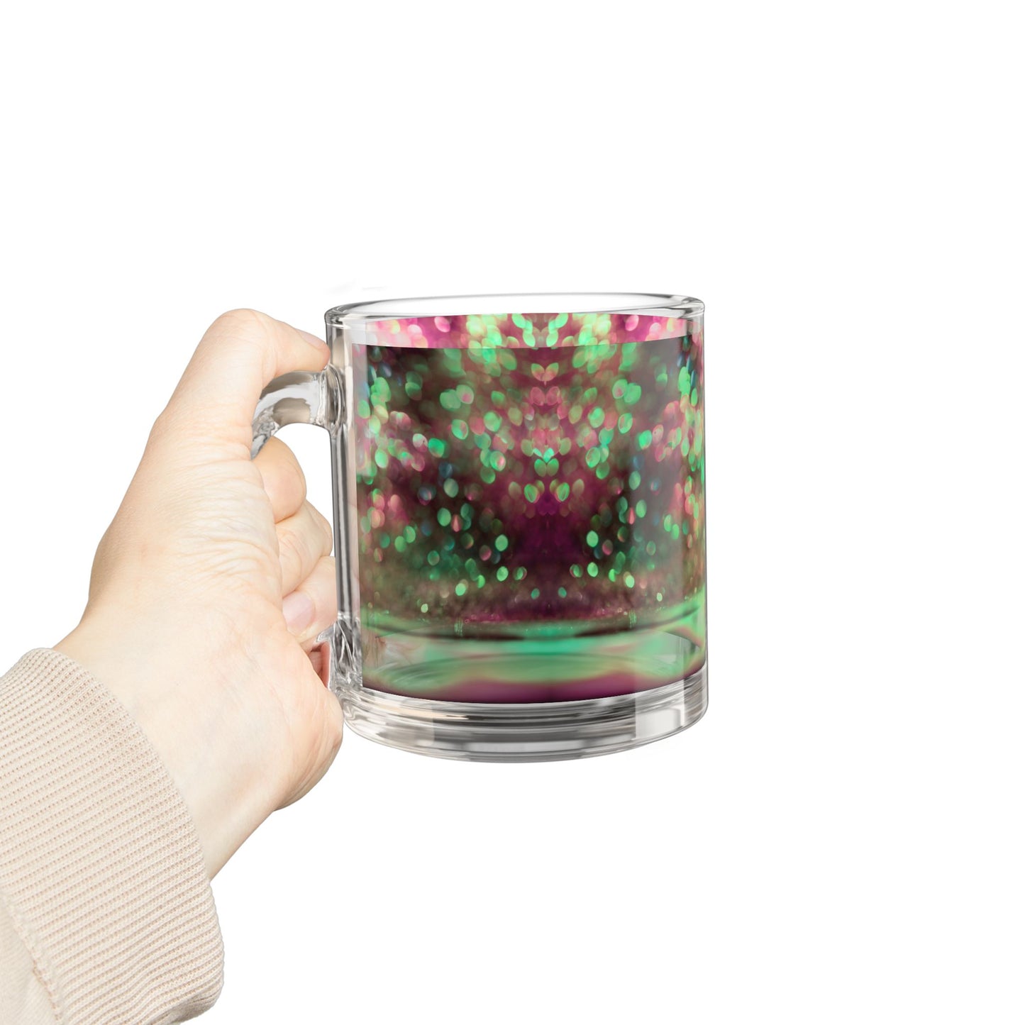 Pink Green Bokeh Sparkle Glass Mug 10oz Printed Coffee Cup