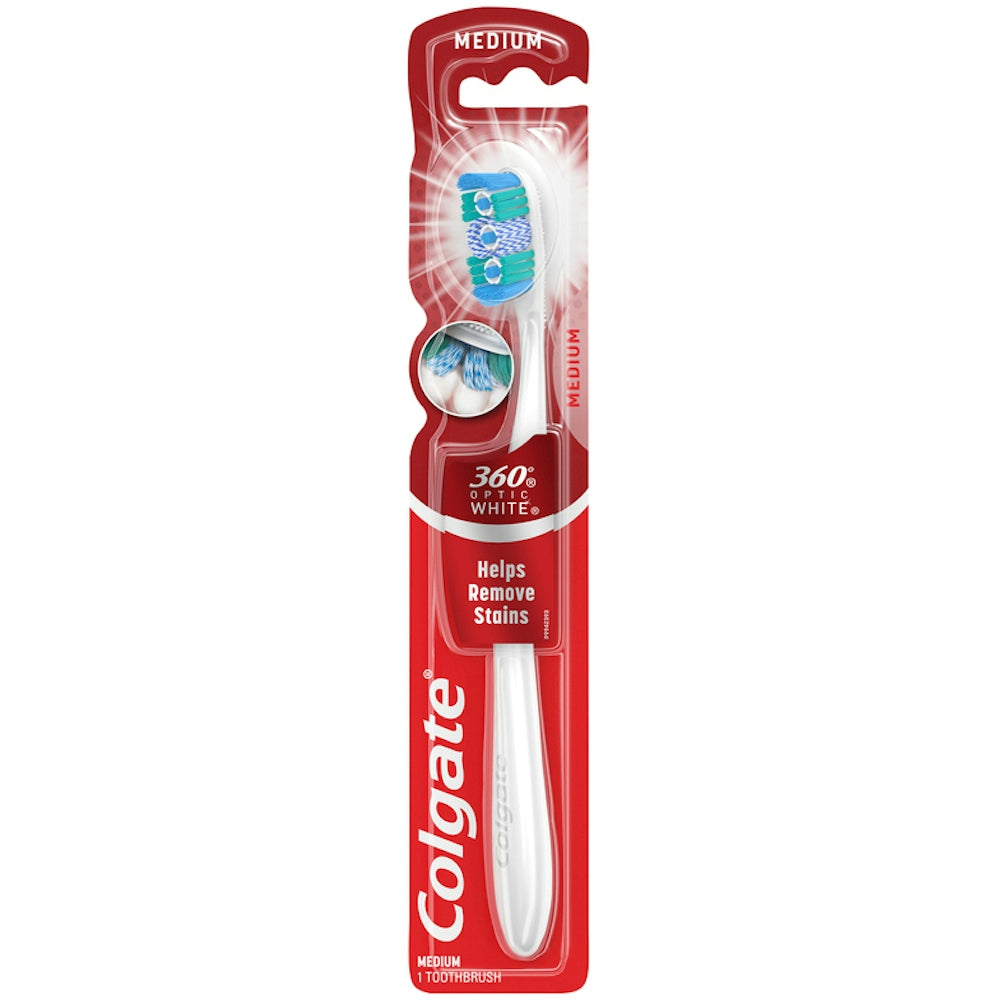 Colgate 360 Optic White Full Head Toothbrush, Medium Bristles, 1 Count – Whitening & Tongue Cleaner