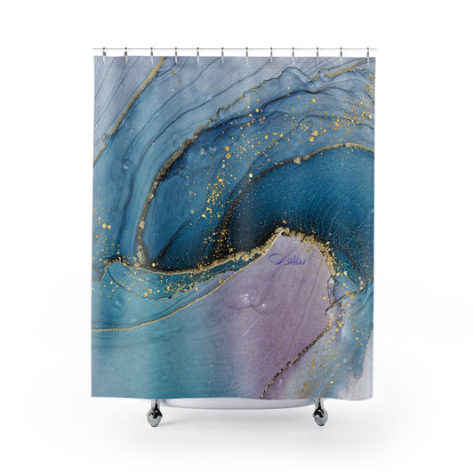 Elegant Abstract Shower Curtain with Gold Accents, Luxurious Bathroom Decor, Modern Coastal Theme, Gift for Homeowners