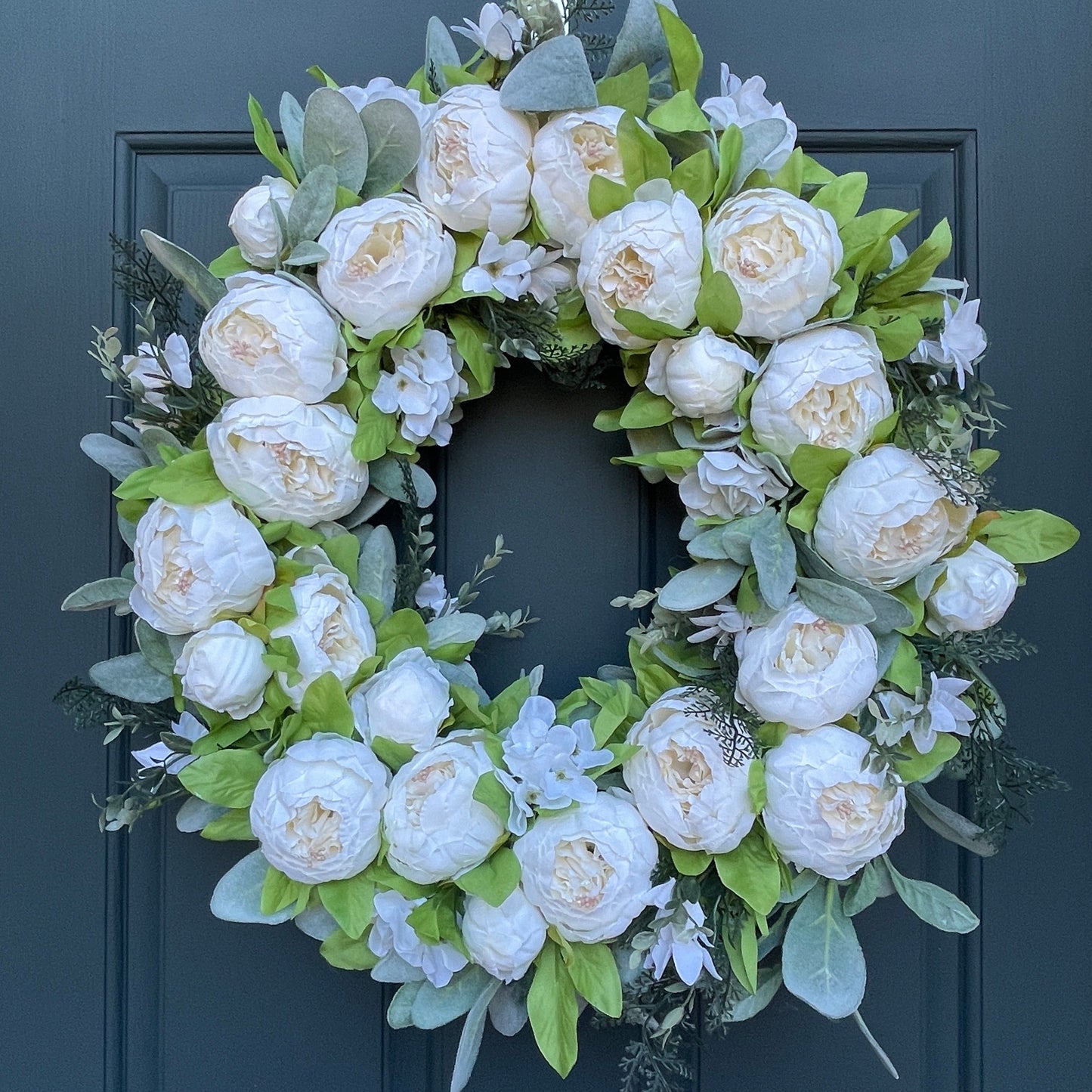 White Peony and Lambs Ear Spring Wreath