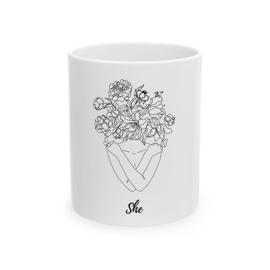 Floral She Mug - Charming Ceramic Coffee Cup for Tea Lovers, Perfect Gift for Birthdays, Mother’s Day, & Housewarmings