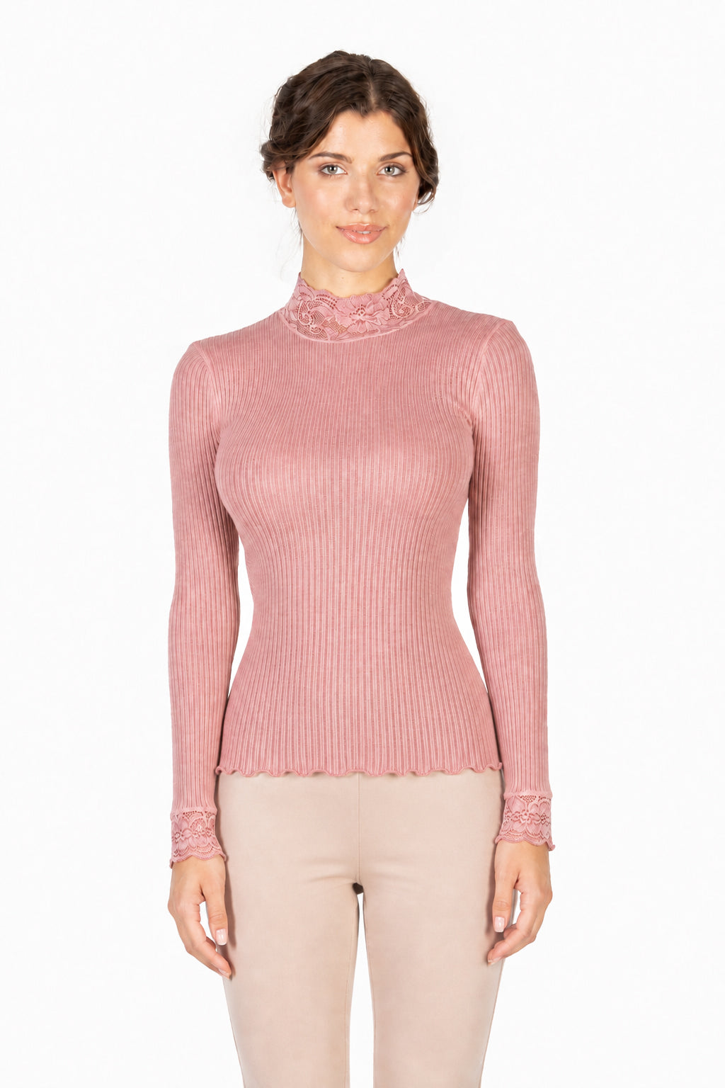 EGI Exclusive Collections Merino Wool Blend Top Mock Neck Lace Trim Long Sleeves. Proudly Made in Italy (304)