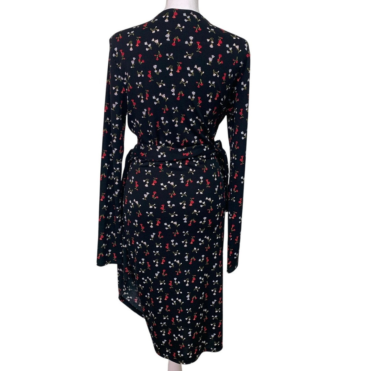 Lark & Ro Womens Medium Red Black Floral Long Sleeve V Neck Belt Tie Wrap Dress
