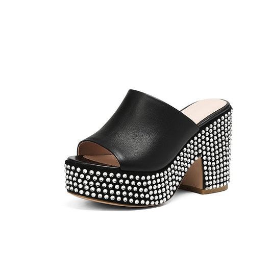 Summer New Waterproof Platform Thick Sole High Heels Shoes Thick Heels Fish Mouth Fashion Shoe Toe Layer Cowhide Water